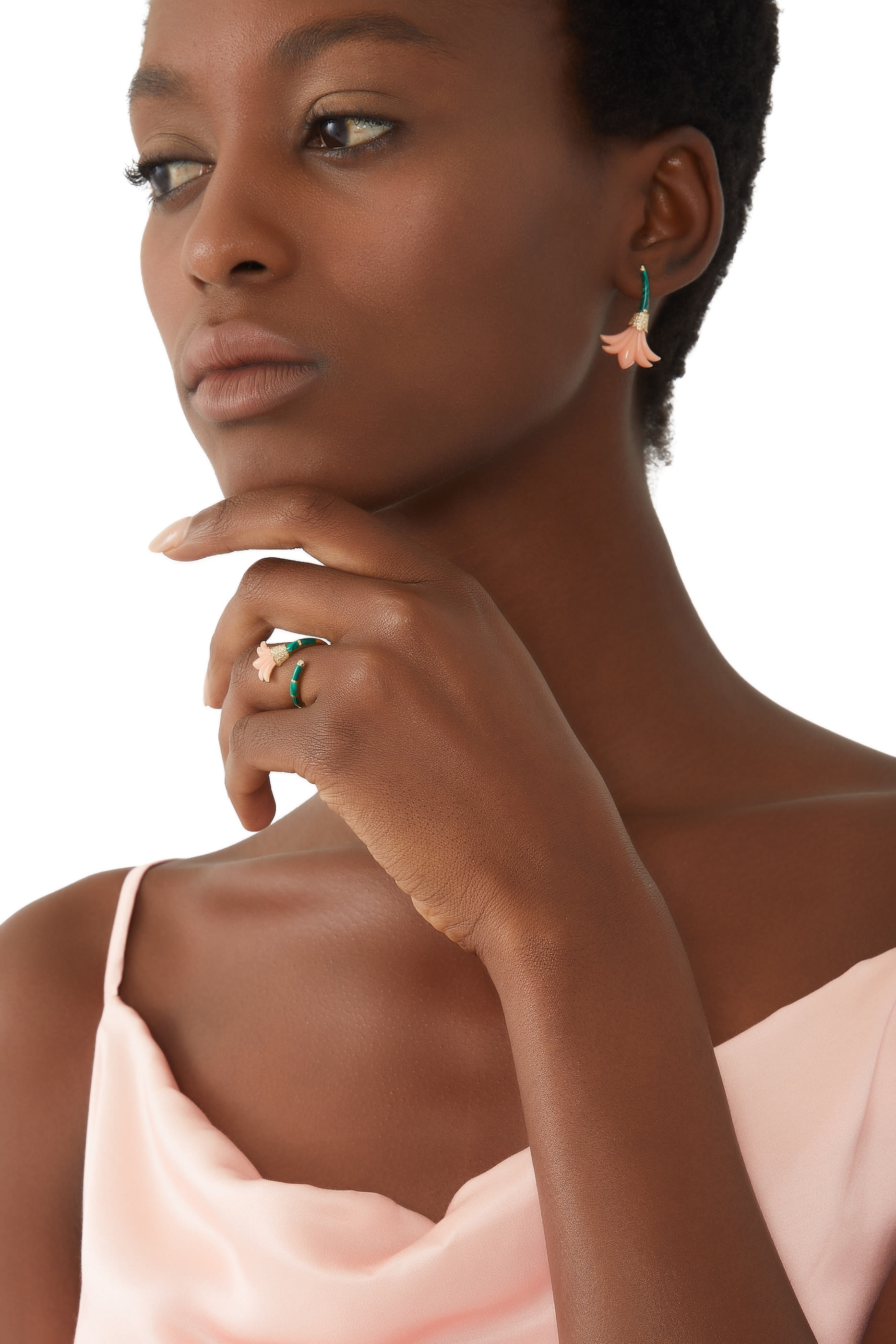 Flower Pinky Ring, 18k Yellow Gold with Diamonds & Malachite