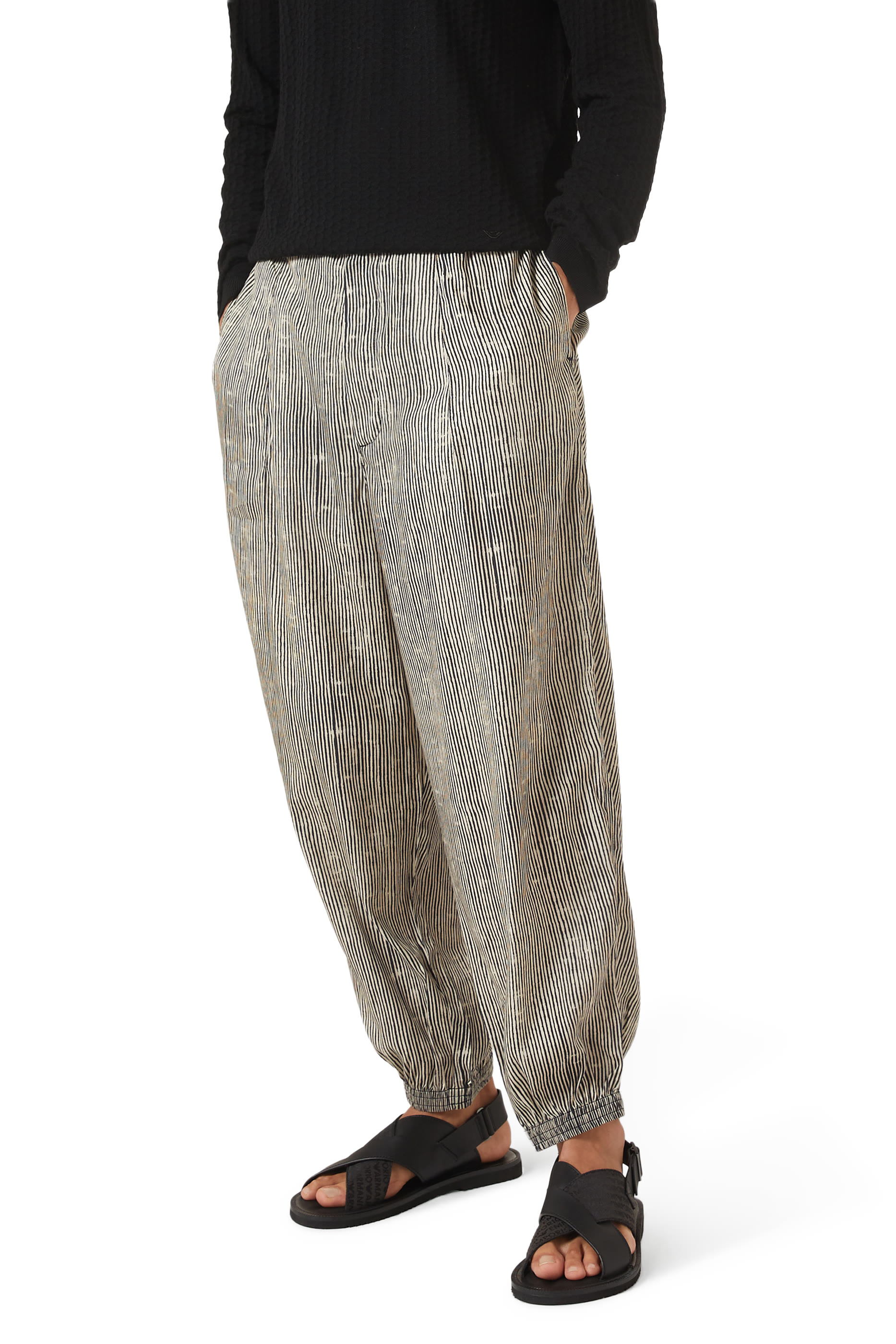 Cross-Strap Leather and Jacquard Fabric Sandals 