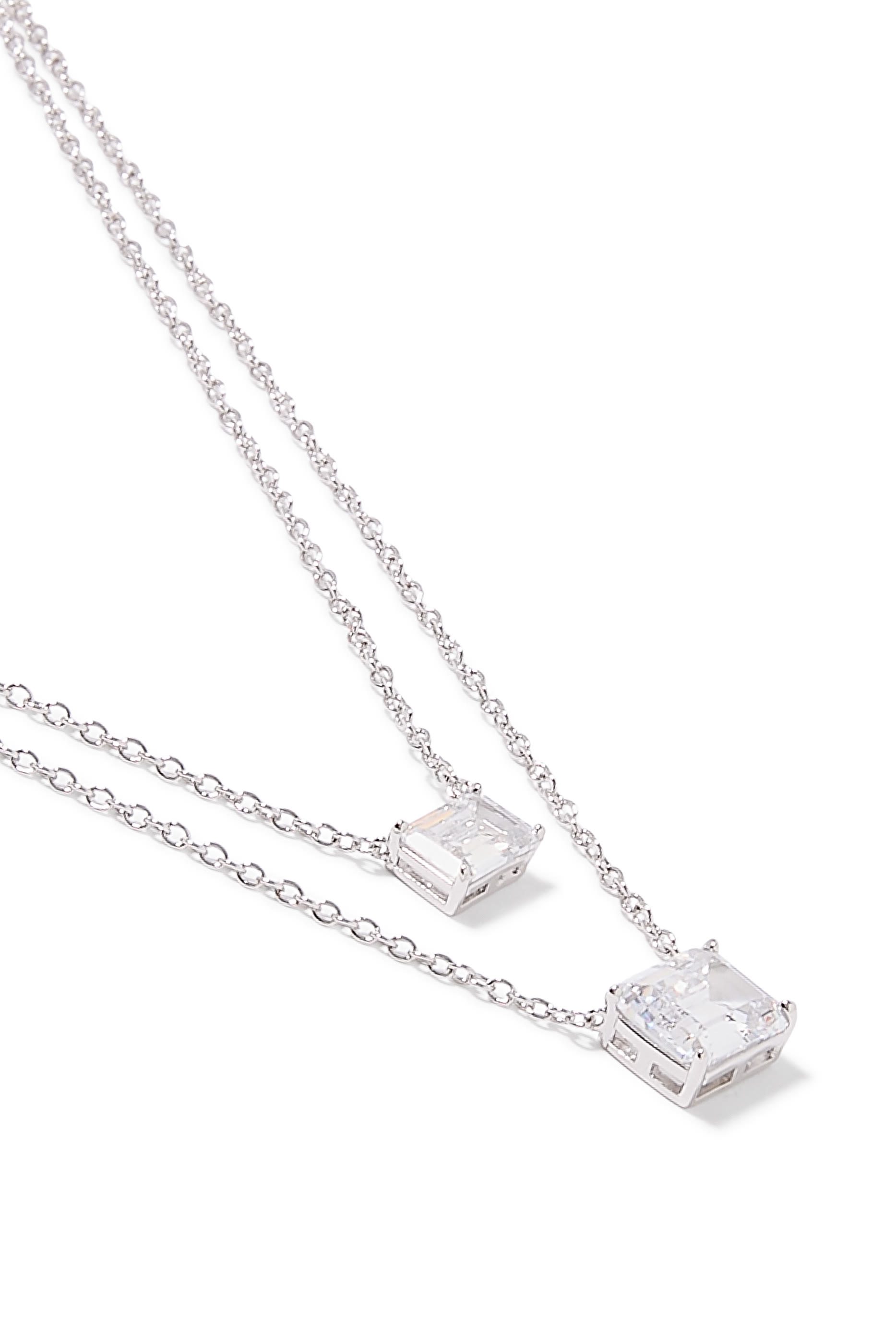  Double Layer Pendant Necklace, Rhodium-Plated Brass & Cubic Zirconia
