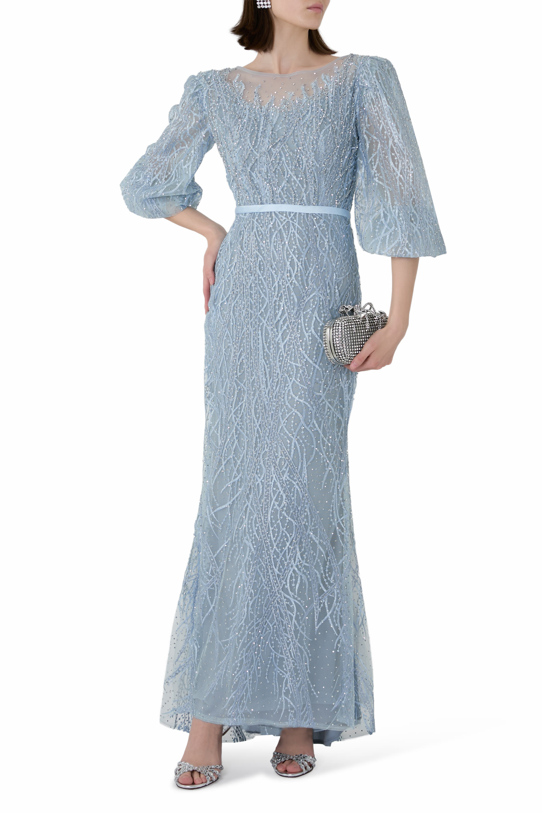 Embroidered Boat Neck Puff Sleeve Gown