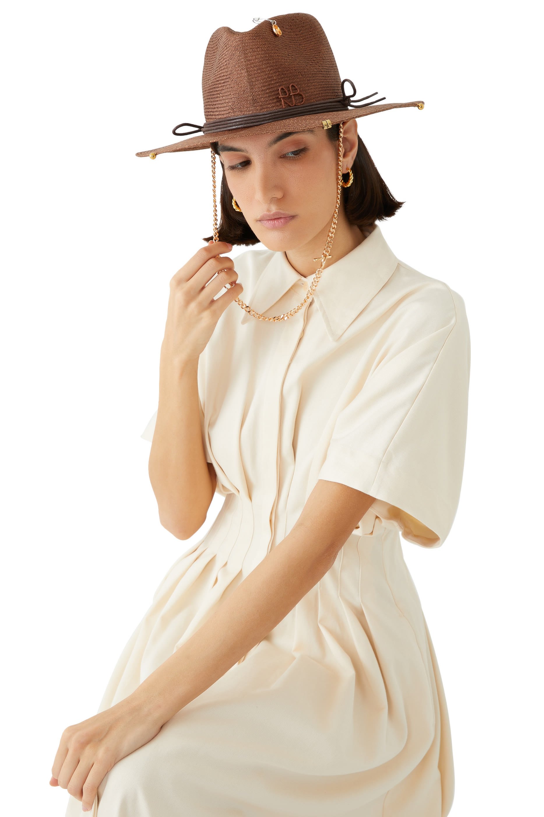Chain Strap Straw Fedora Hat