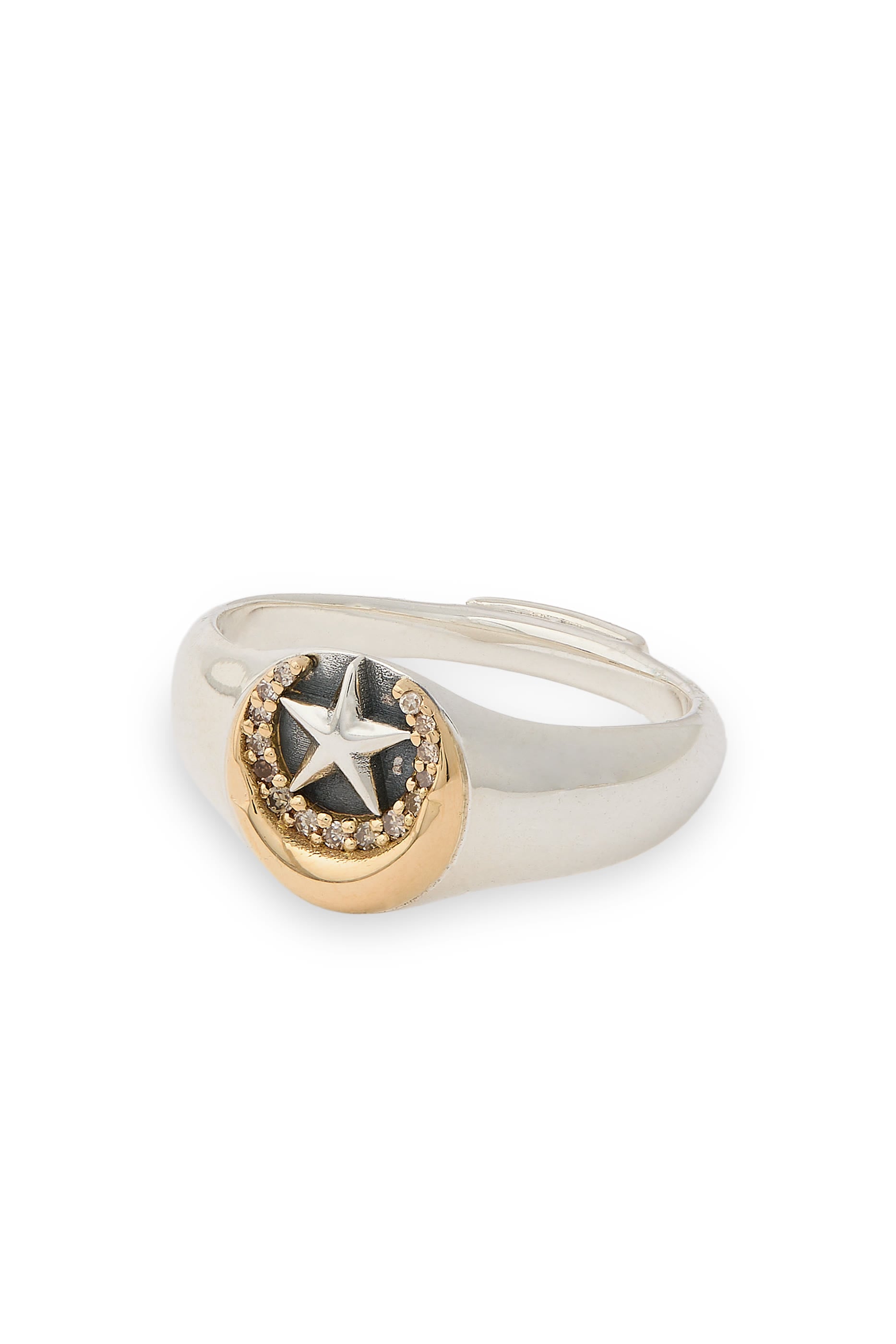 Azza Fahmy Star & Crescent Chevalier Ring, 18K Gold and Sterling Silver & Champagne Diamonds