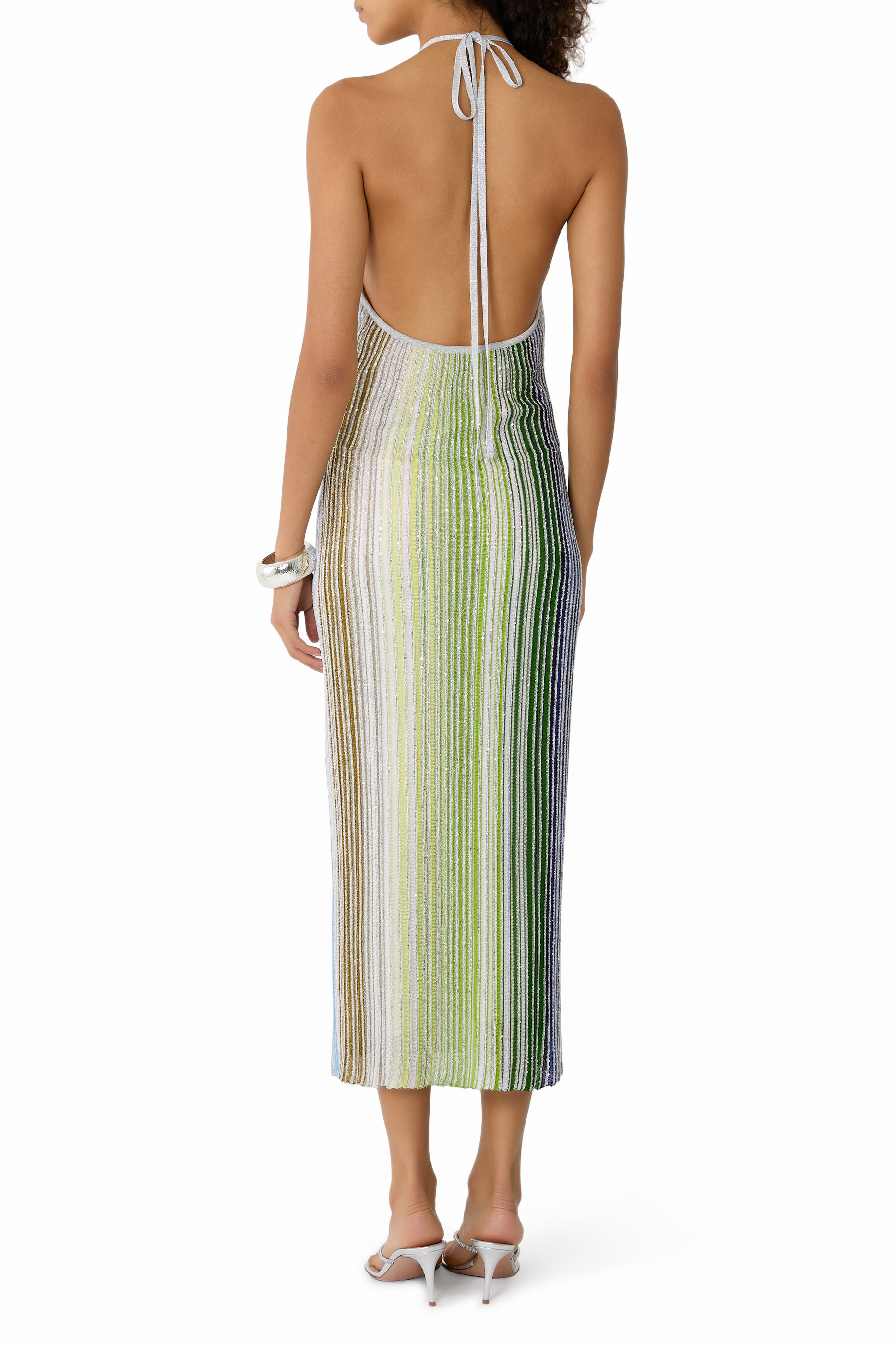 Sequins Striped Partialized V-Neck Midi Dress