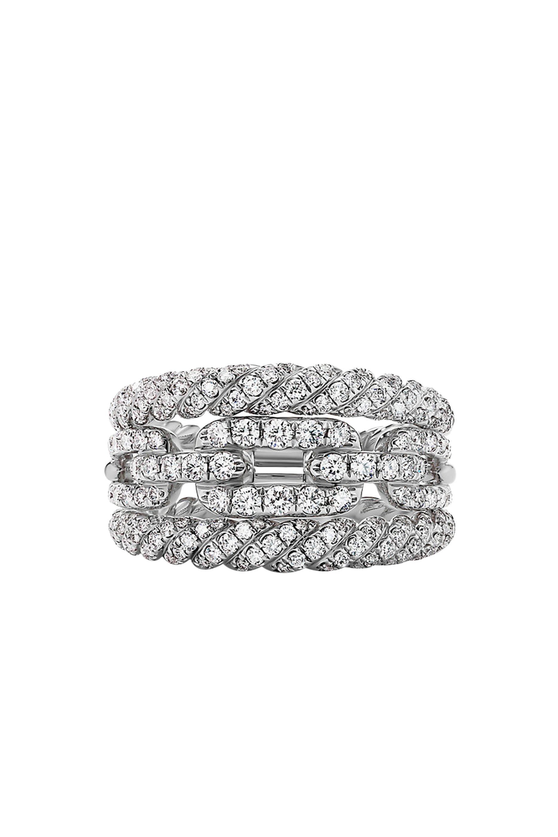 Stax Three Row Chain Link Ring, 18k White Gold & Diamonds