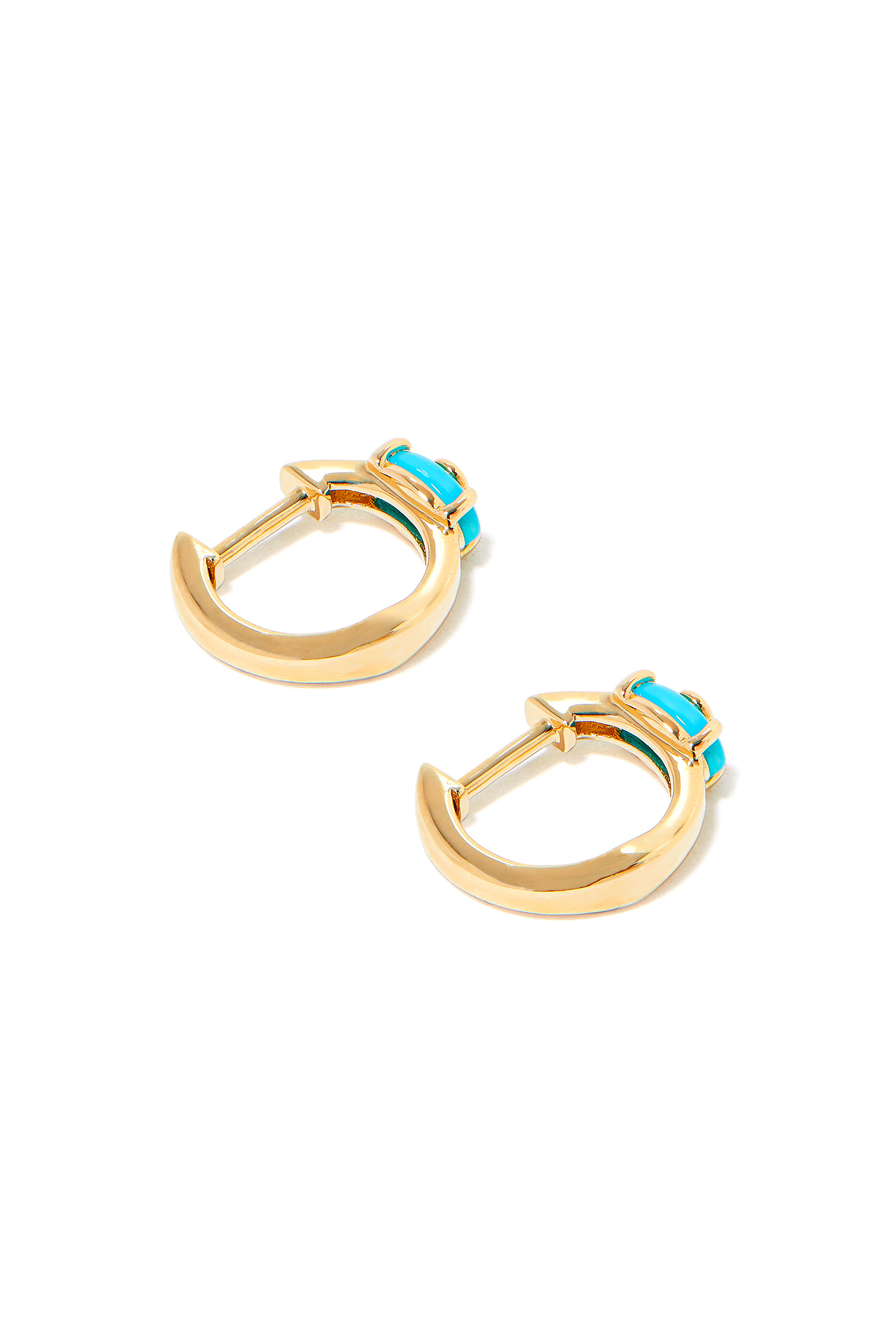 Tiny Carved Stone Huggies, 14K Yellow Gold with Diamond & Turquoise