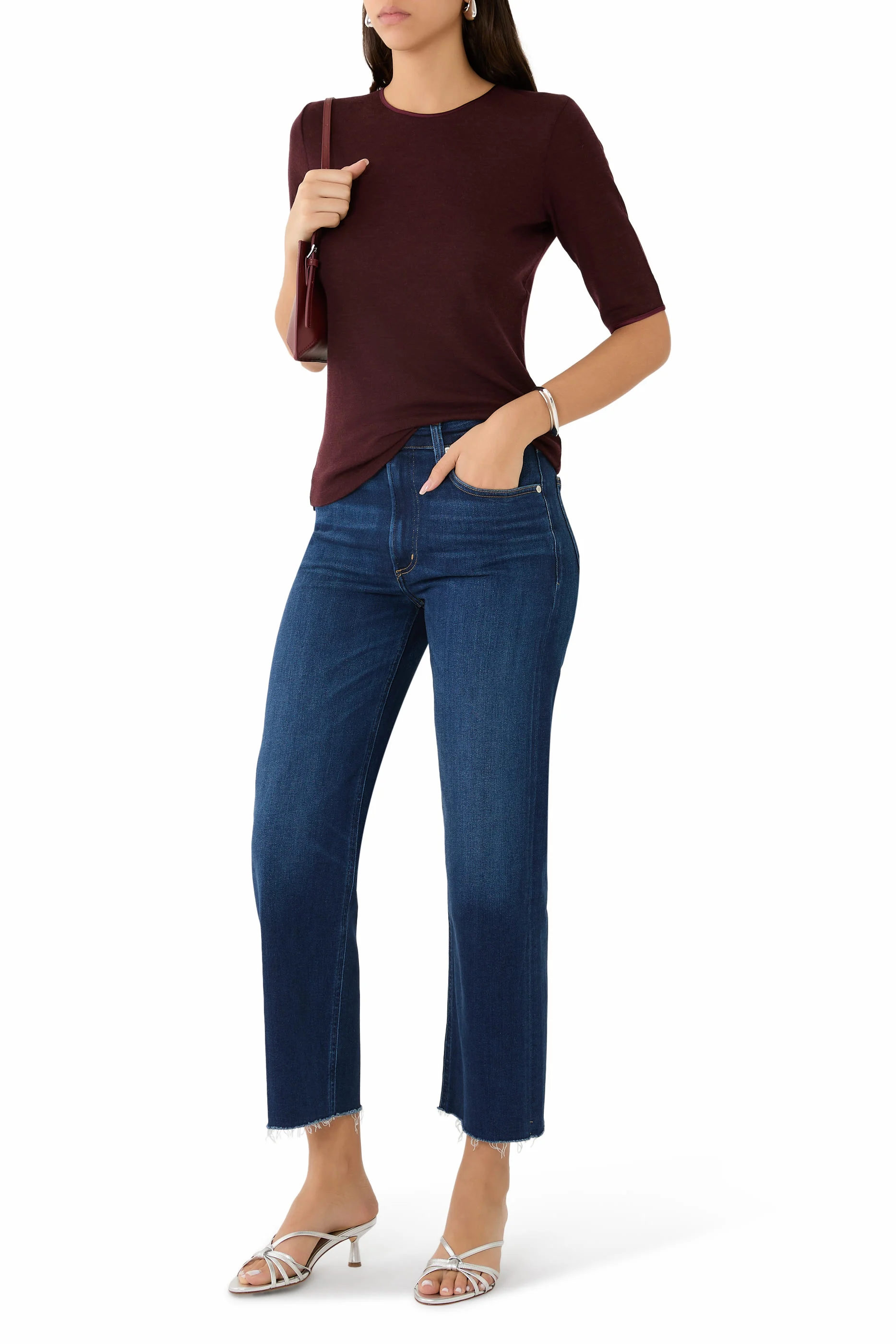 Satin-Trim Wool Elbow-Sleeve T-Shirt 