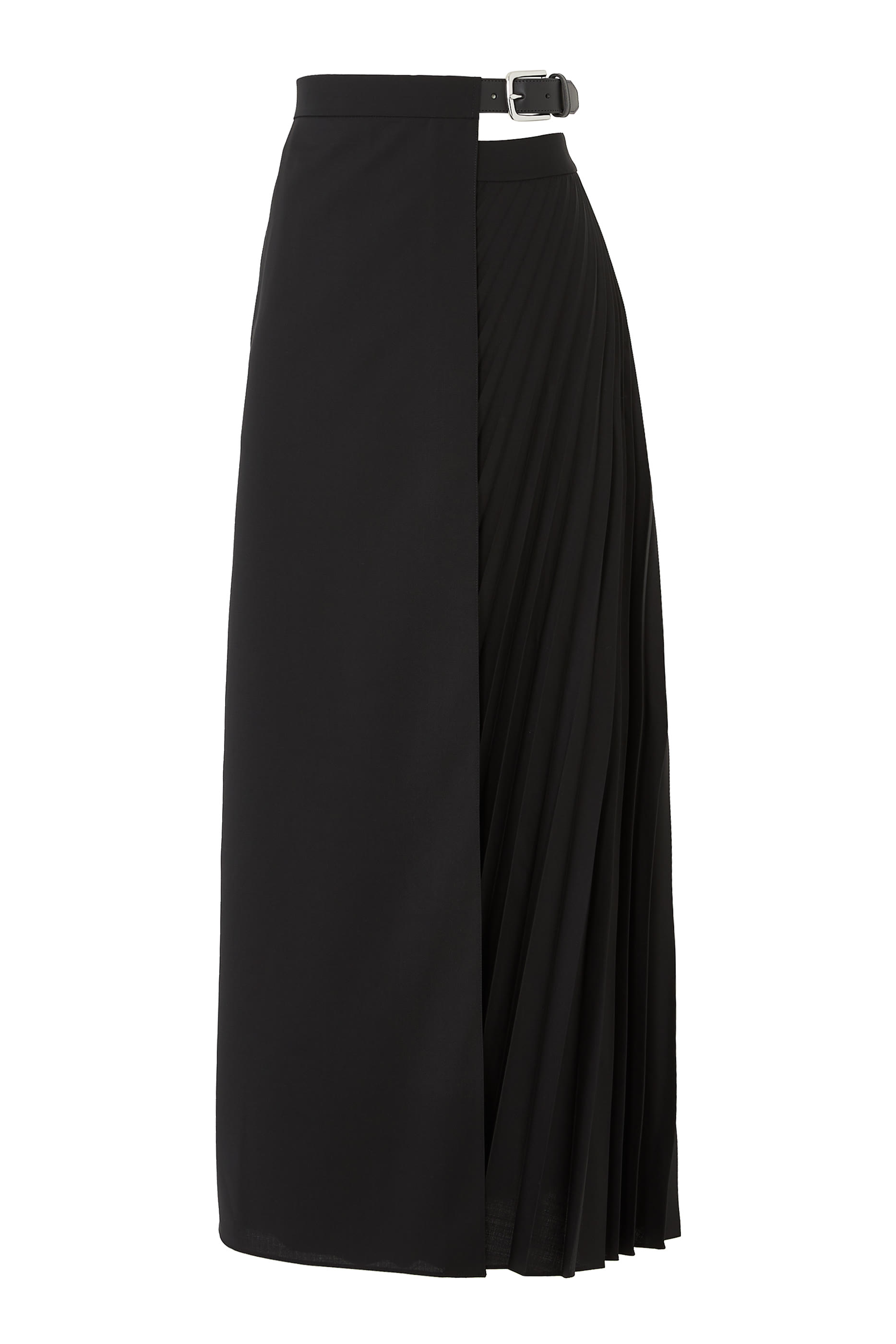 Tropical Wool Pleated Leather Belt Maxi Skirt