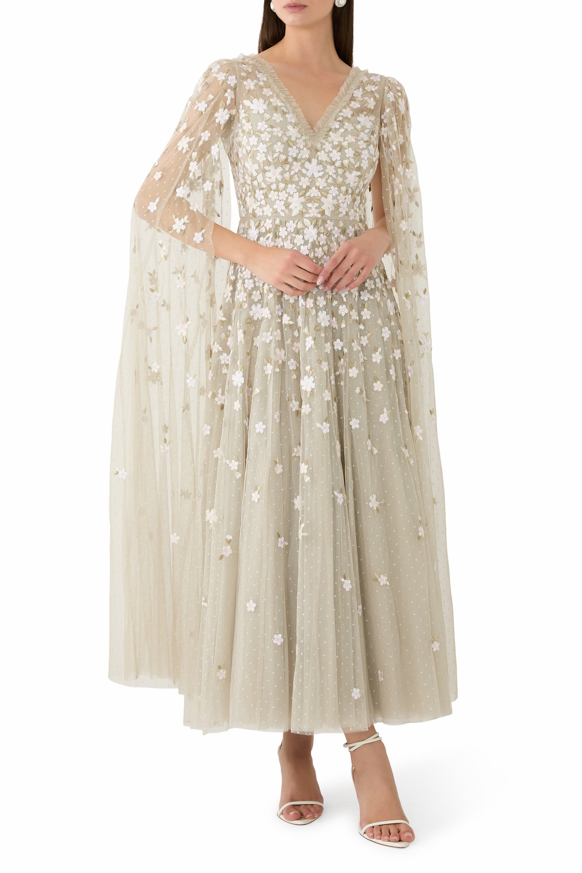 Camellia Ditsy Cape Sleeves Ankle Gown