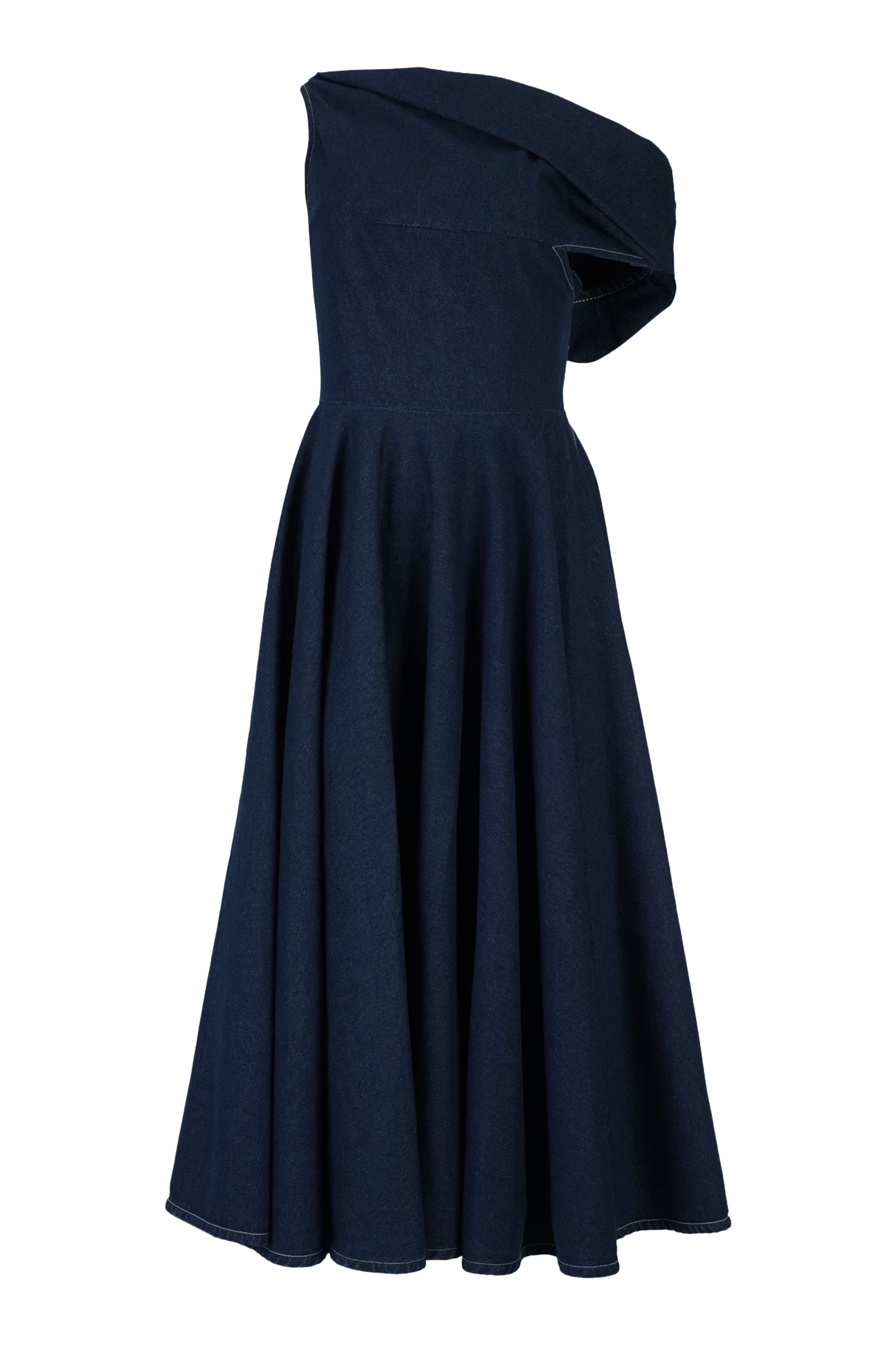 Indigo Denim Off-Shoulder Midi Dress 