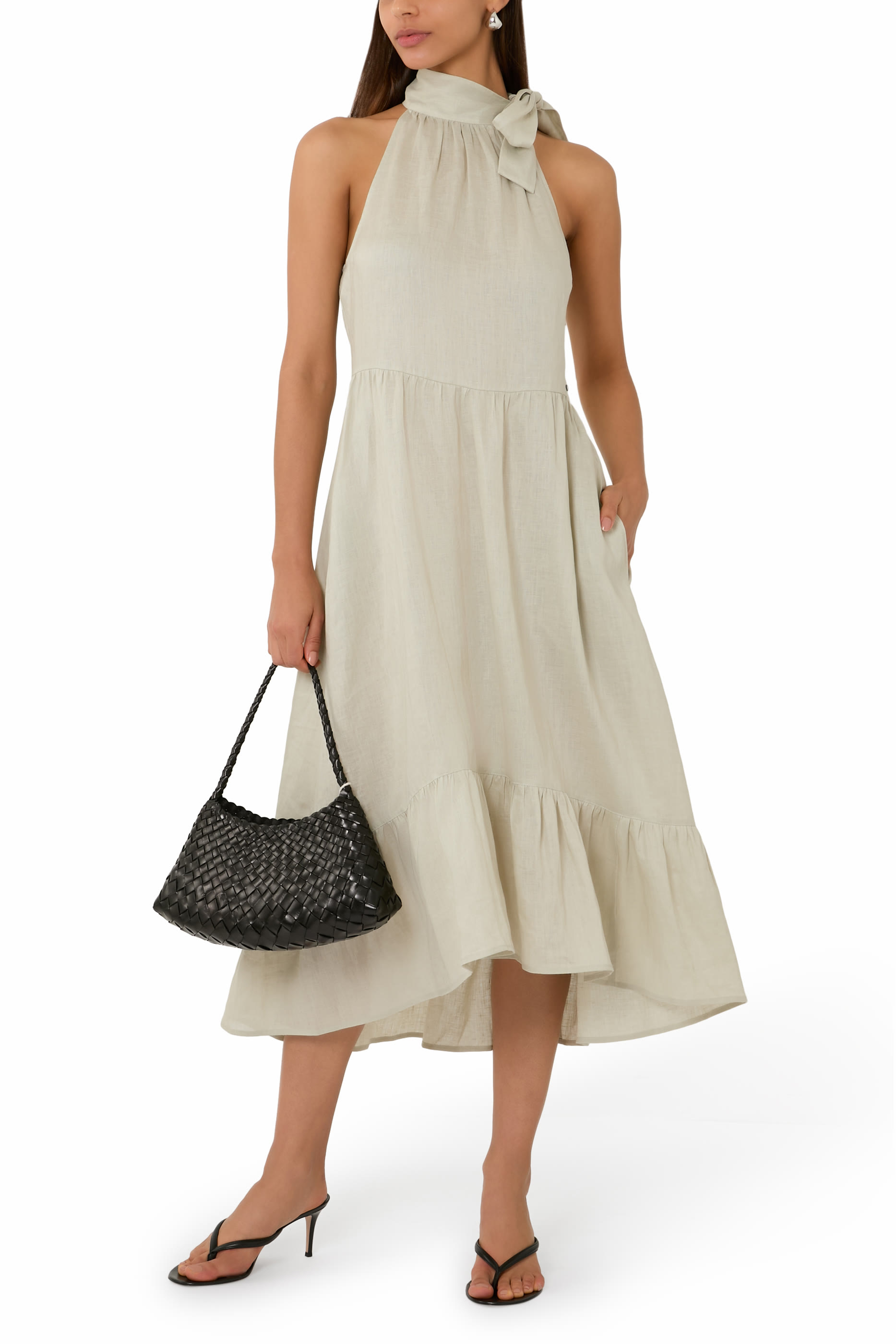 Linen Popeline Bow Neck Sleeveless Dress