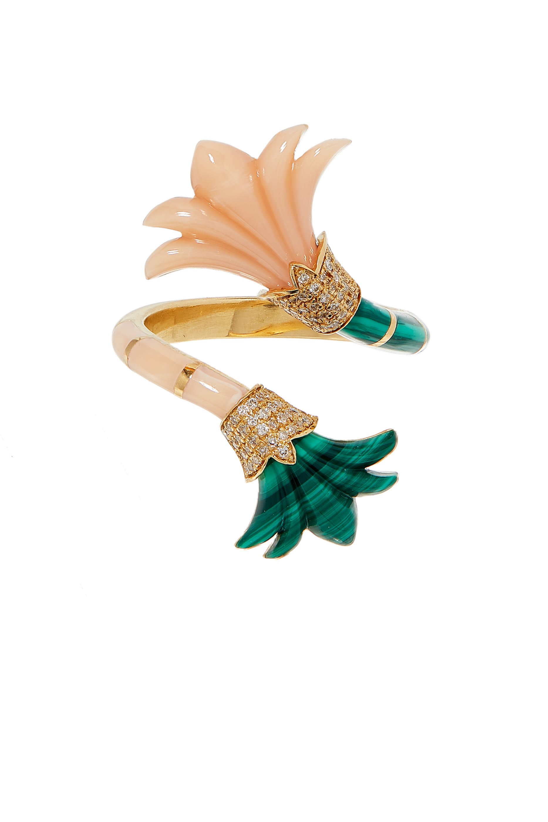 Flower Vine Ring, 18k Yellow Gold with Diamonds & Malachite