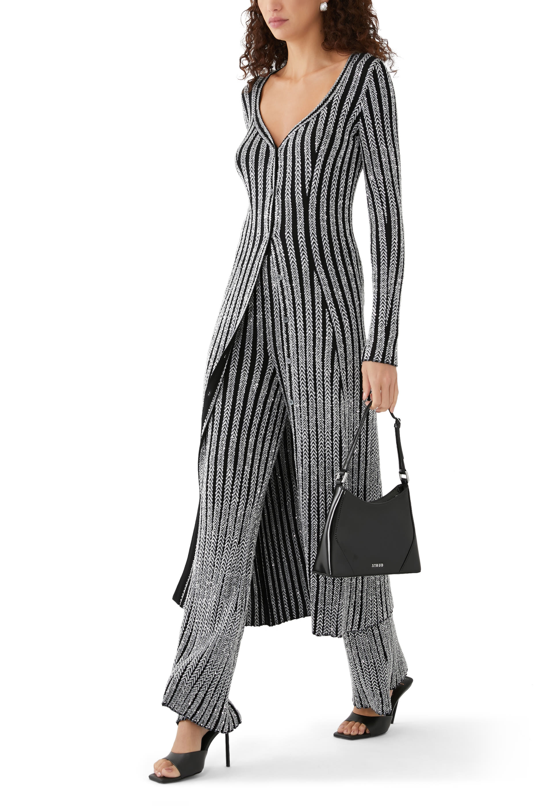 Solid Partialized Sequinned Knit Maxi Cardigan