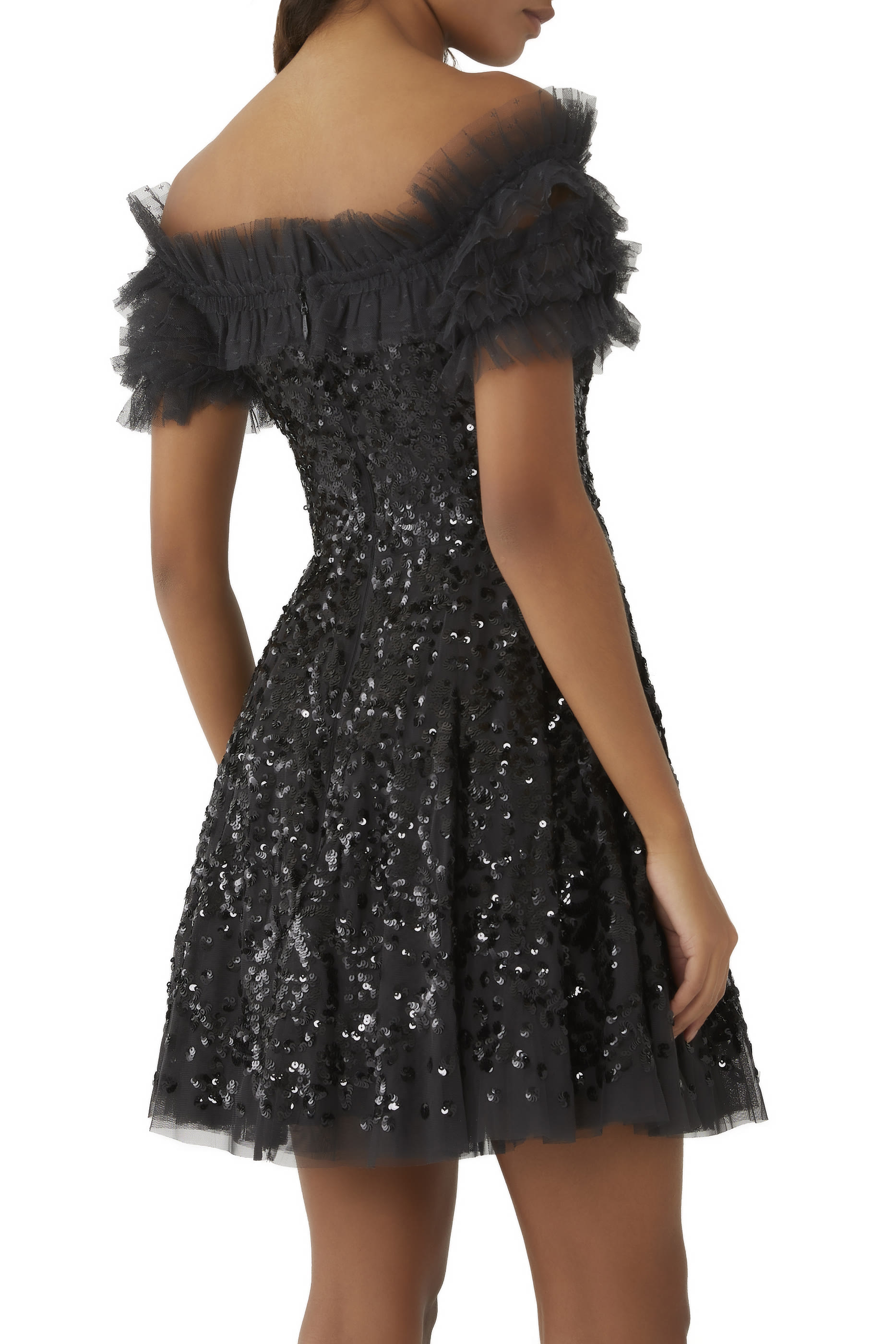 Sequin Wreath Off-Shoulder Micro Mini Dress