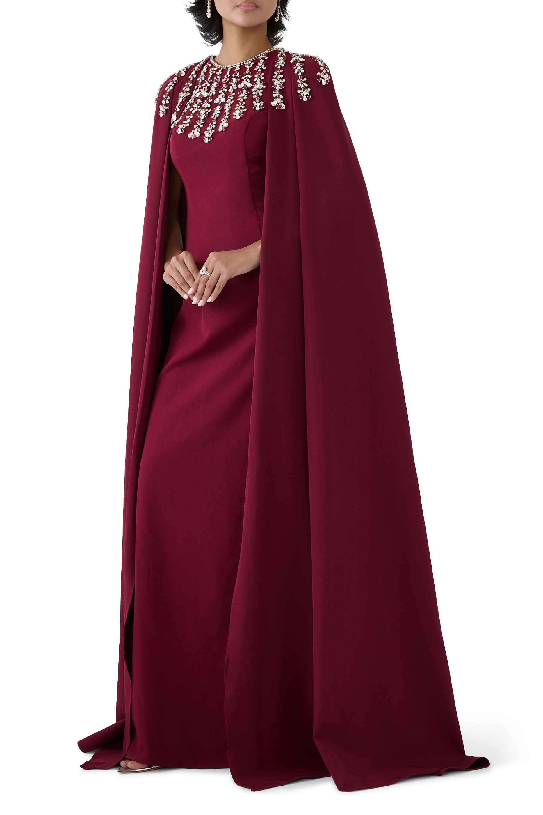Embellished Cape-Sleeve Gown