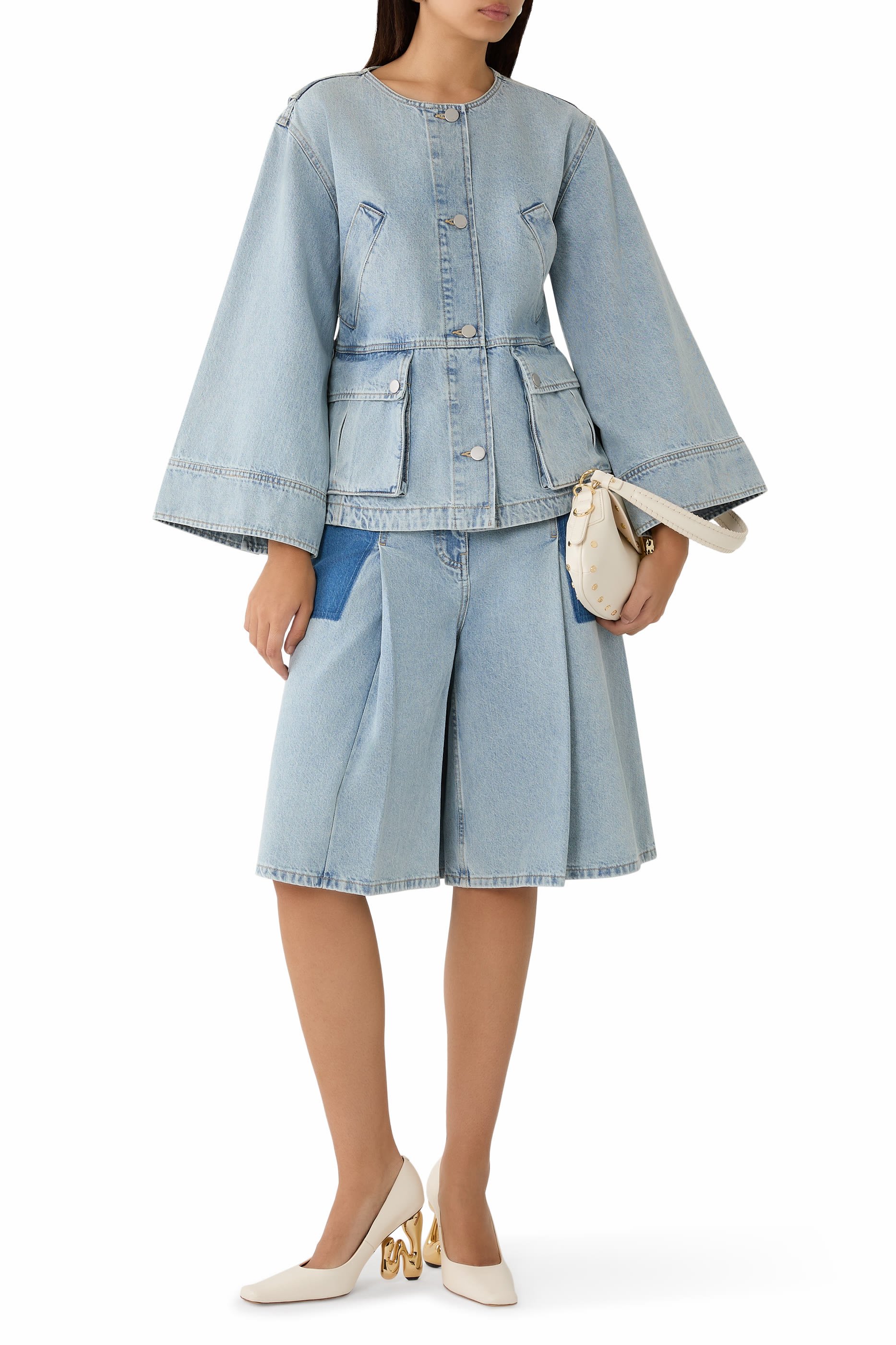 Collarless Trapeze Denim Jacket