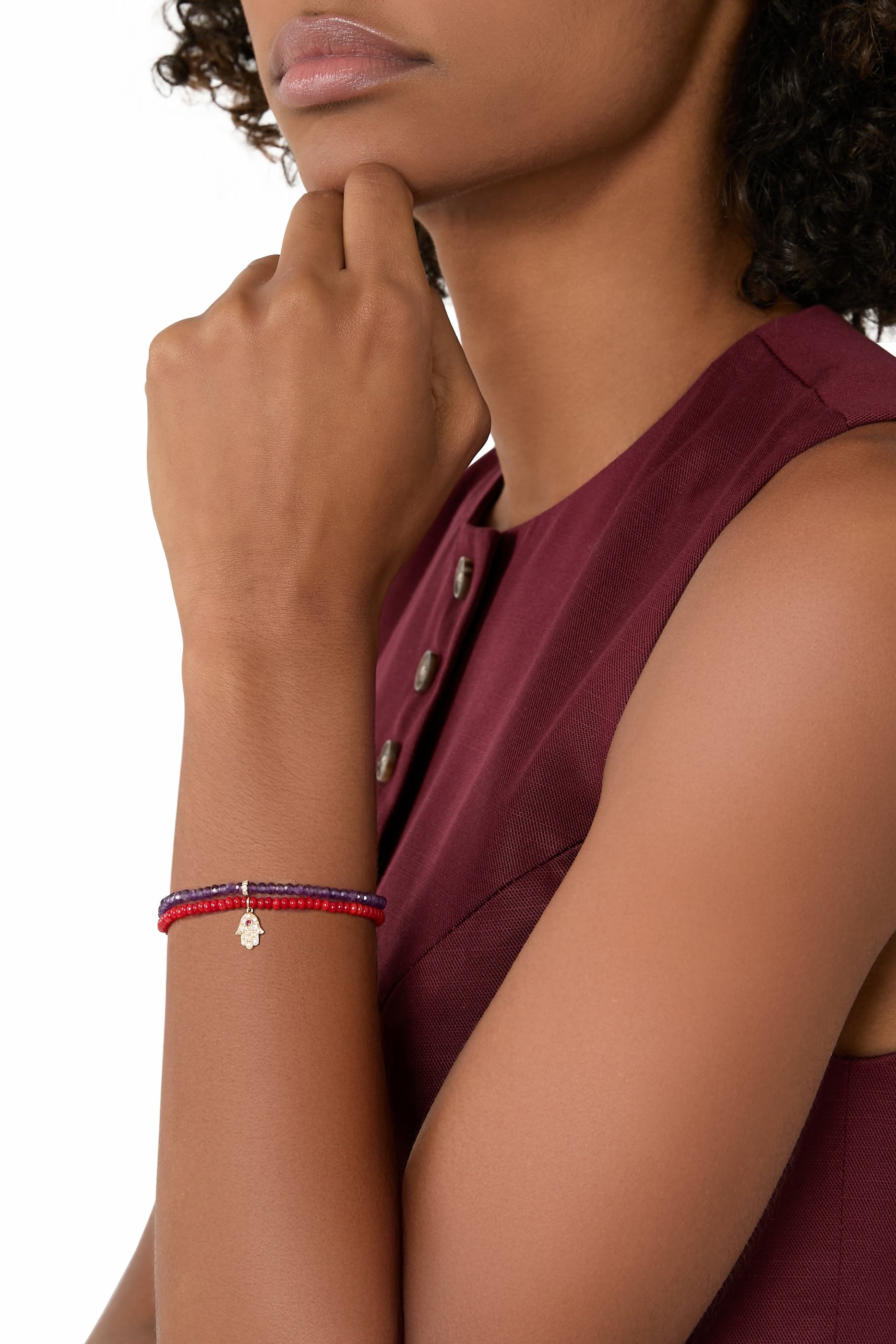 Mini Hamsa Beaded Bracelet, 14K Yellow Gold with Diamonds, Ruby & Red Sea Bamboo Beads