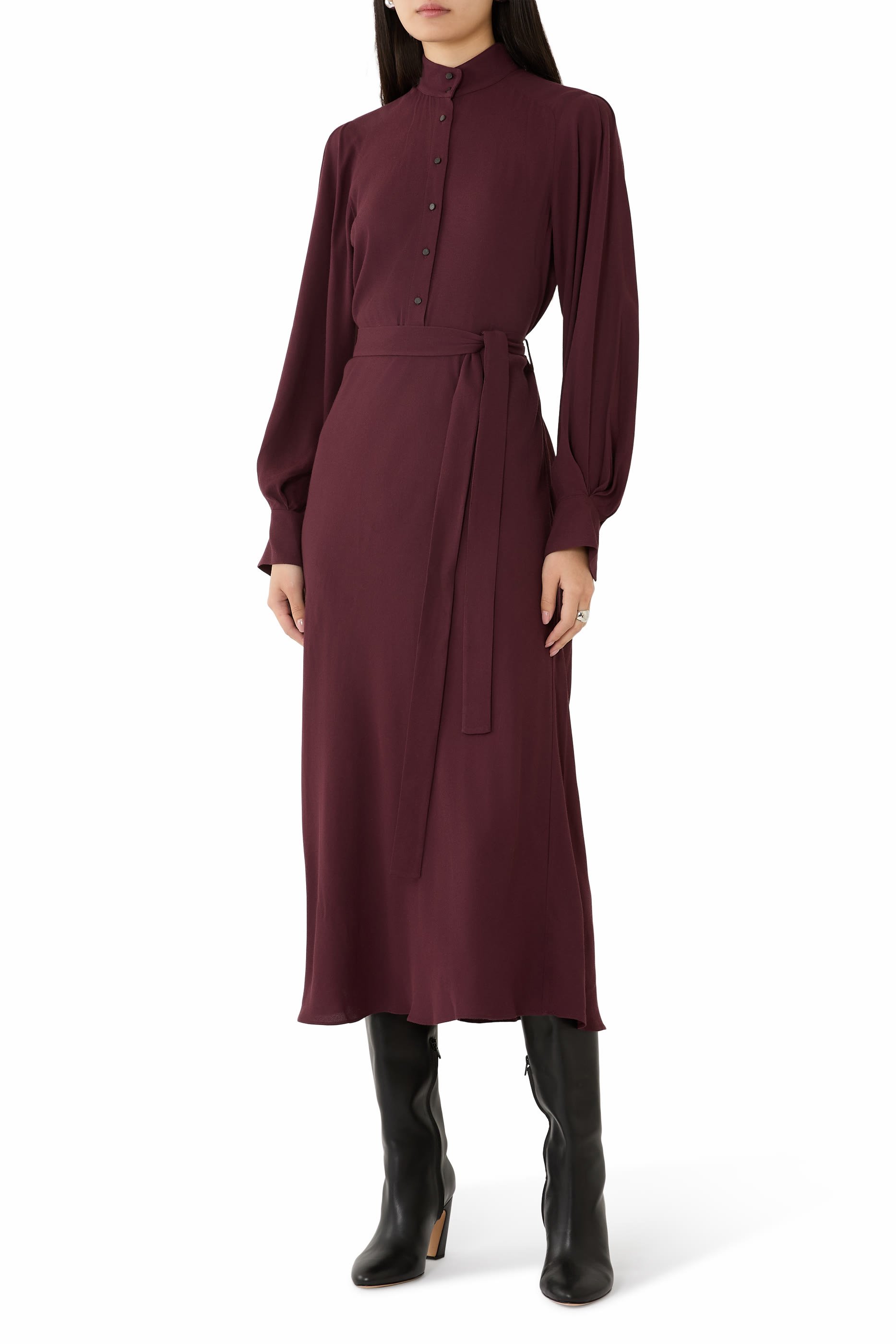 Crepe Collar-Stand Shirt Dress