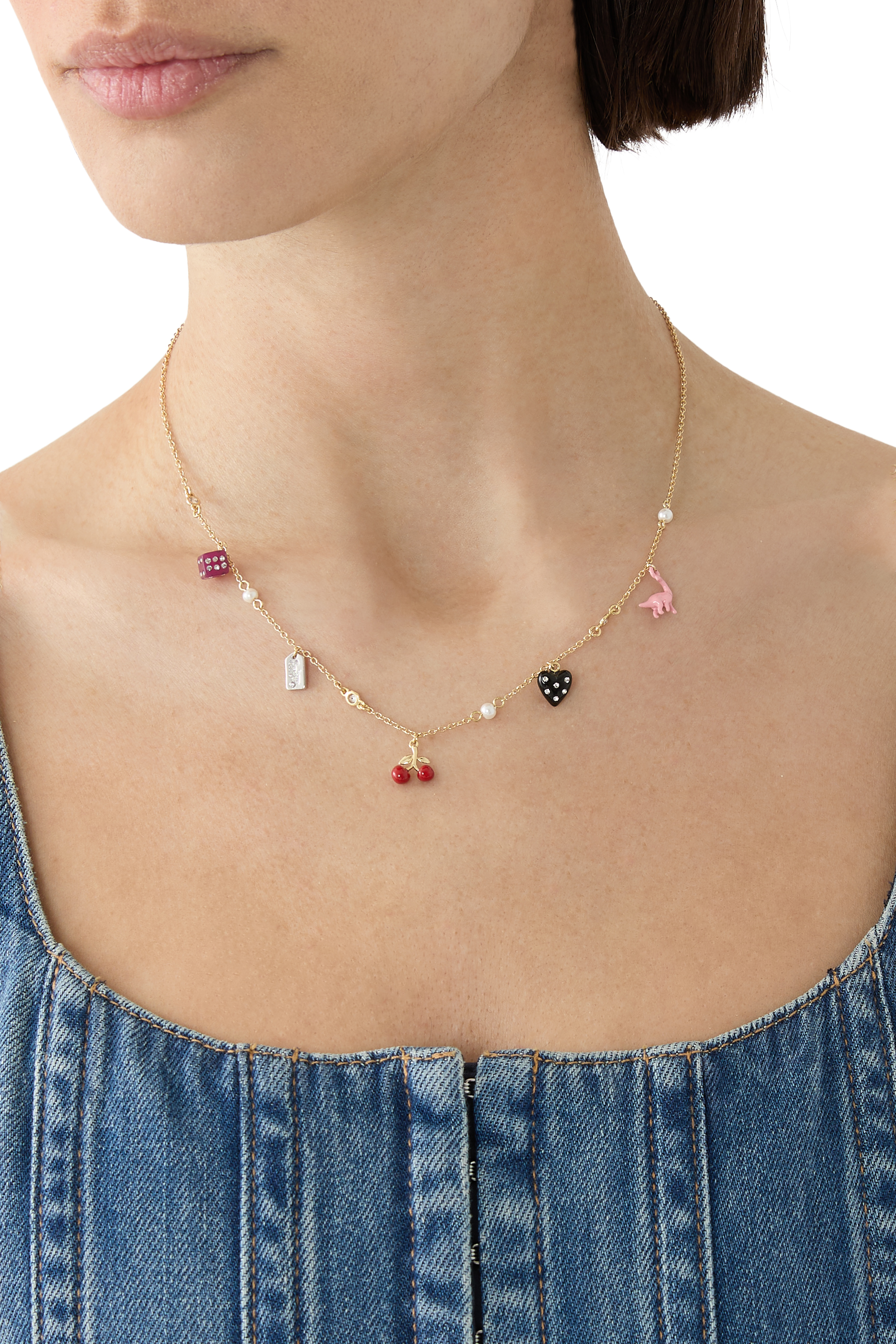 Mini Vintage Charms Signature Bib Necklace, Brass & Resin, Glass Crystal