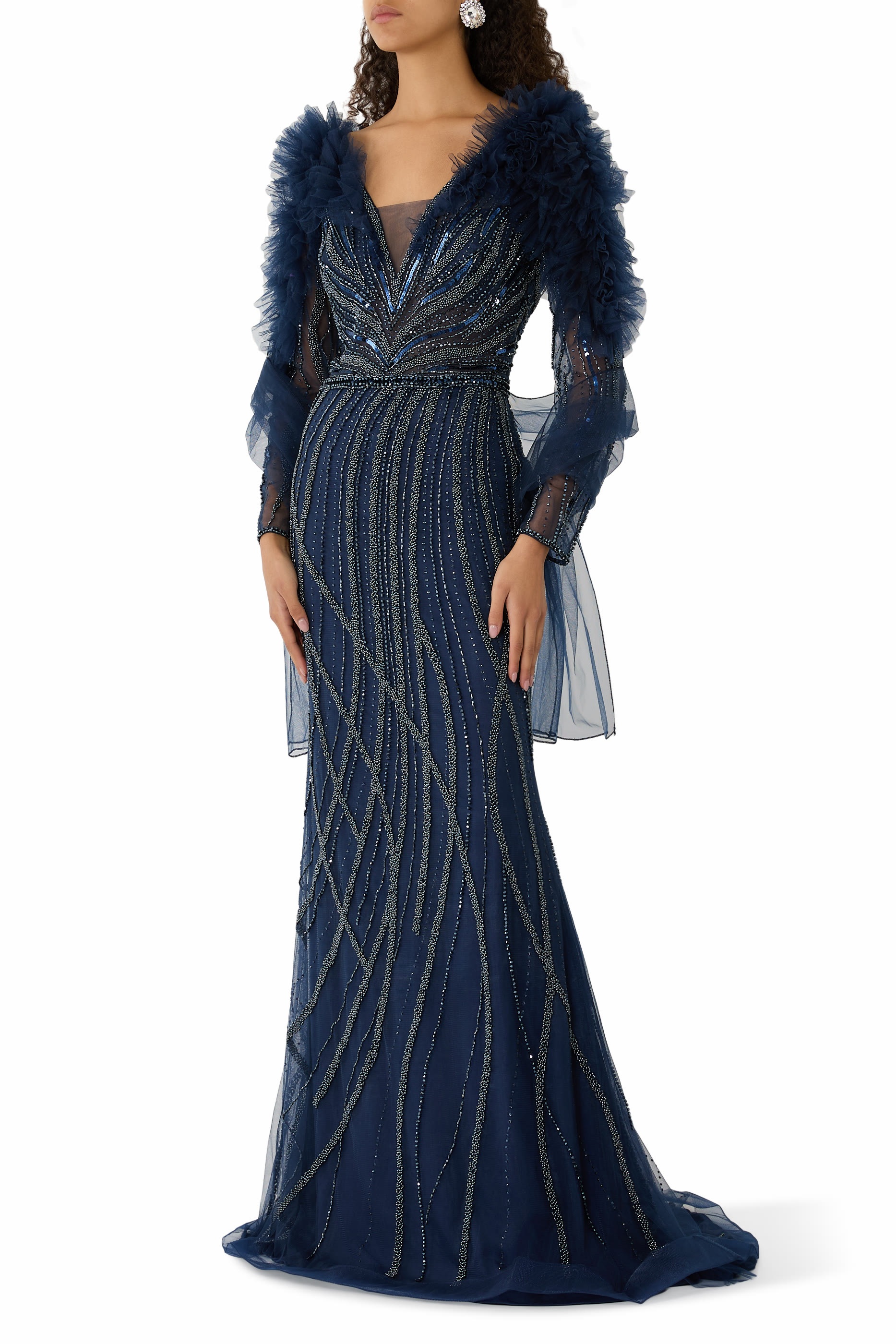 Luxurious Sequined Evening Gown with Sheer Sleeves