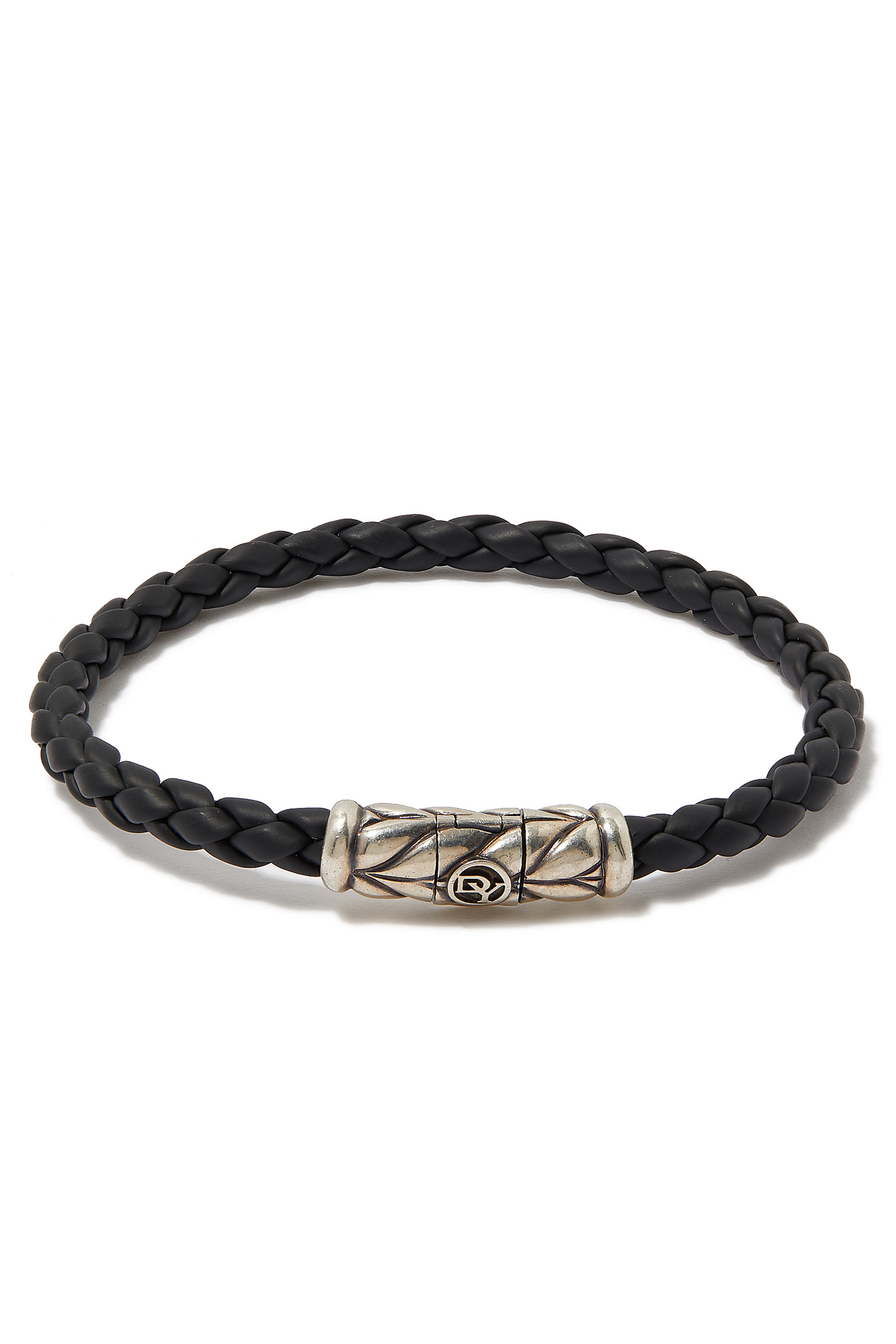 Chevron Woven Bracelet, Sterling Silver & Black Rubber