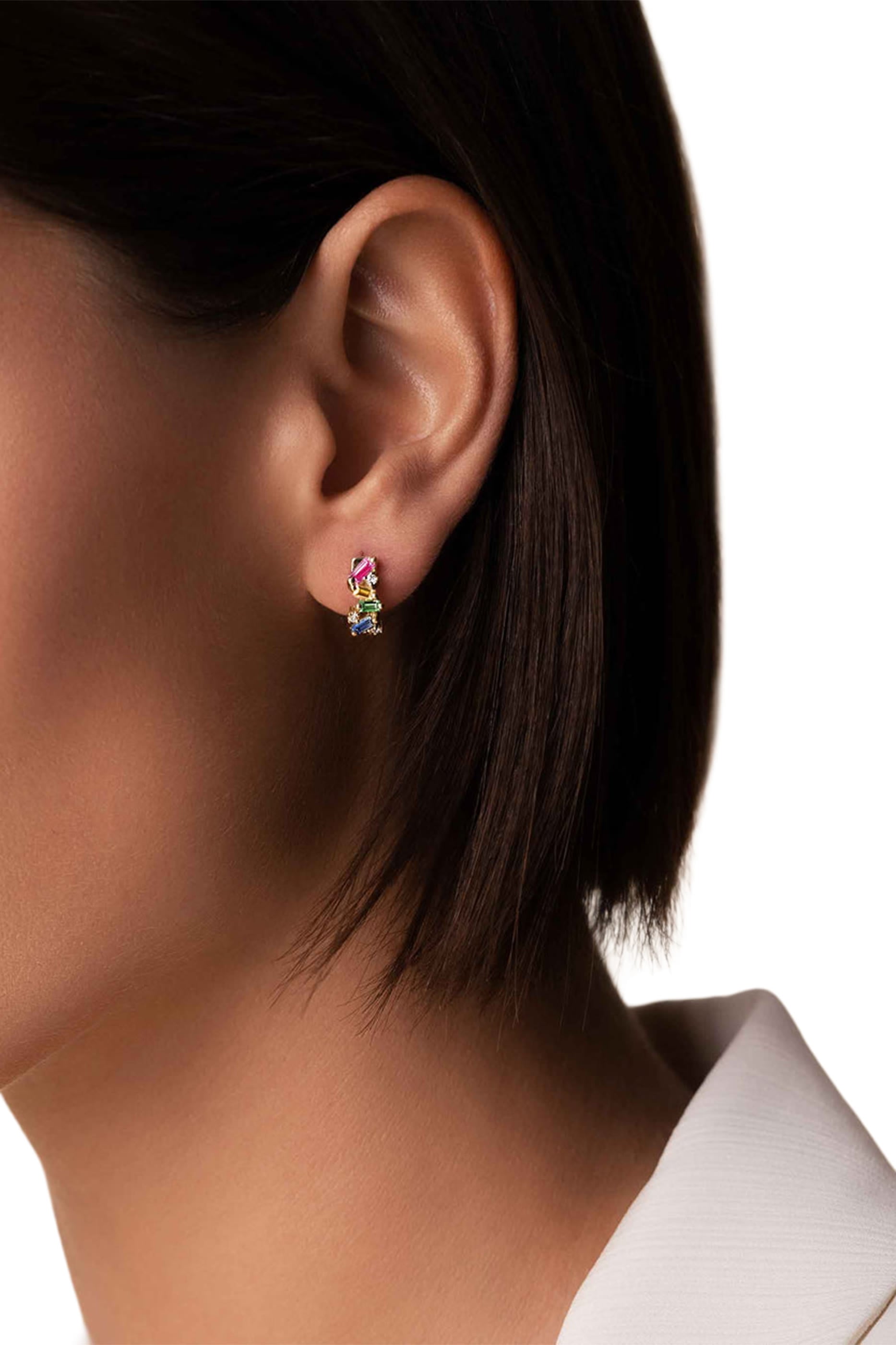 Frenzy Huggie Earrings, 18k Yellow Gold & Rainbow Sapphire, Diamonds