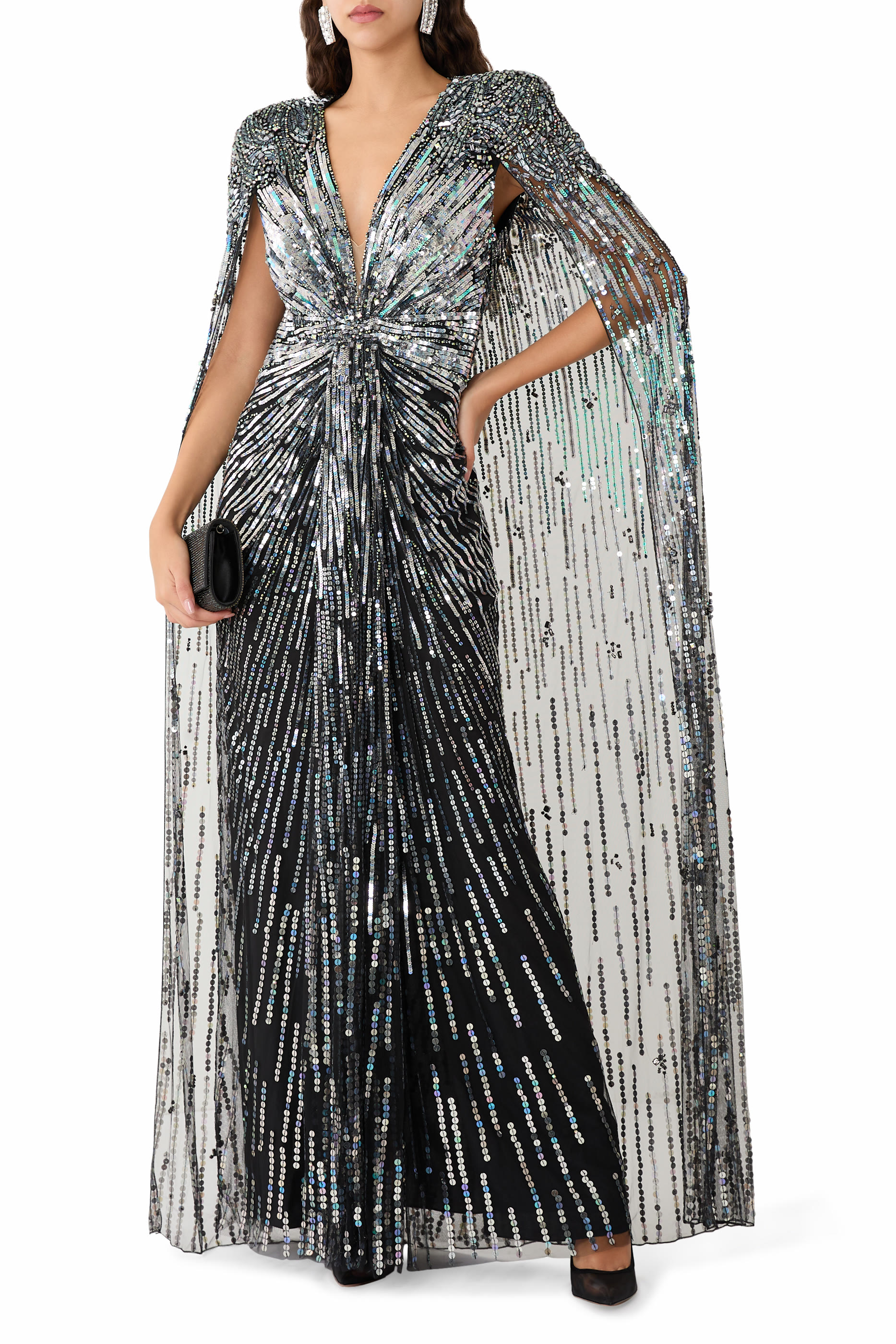 Embellished Cape-Effect Tulle Gown