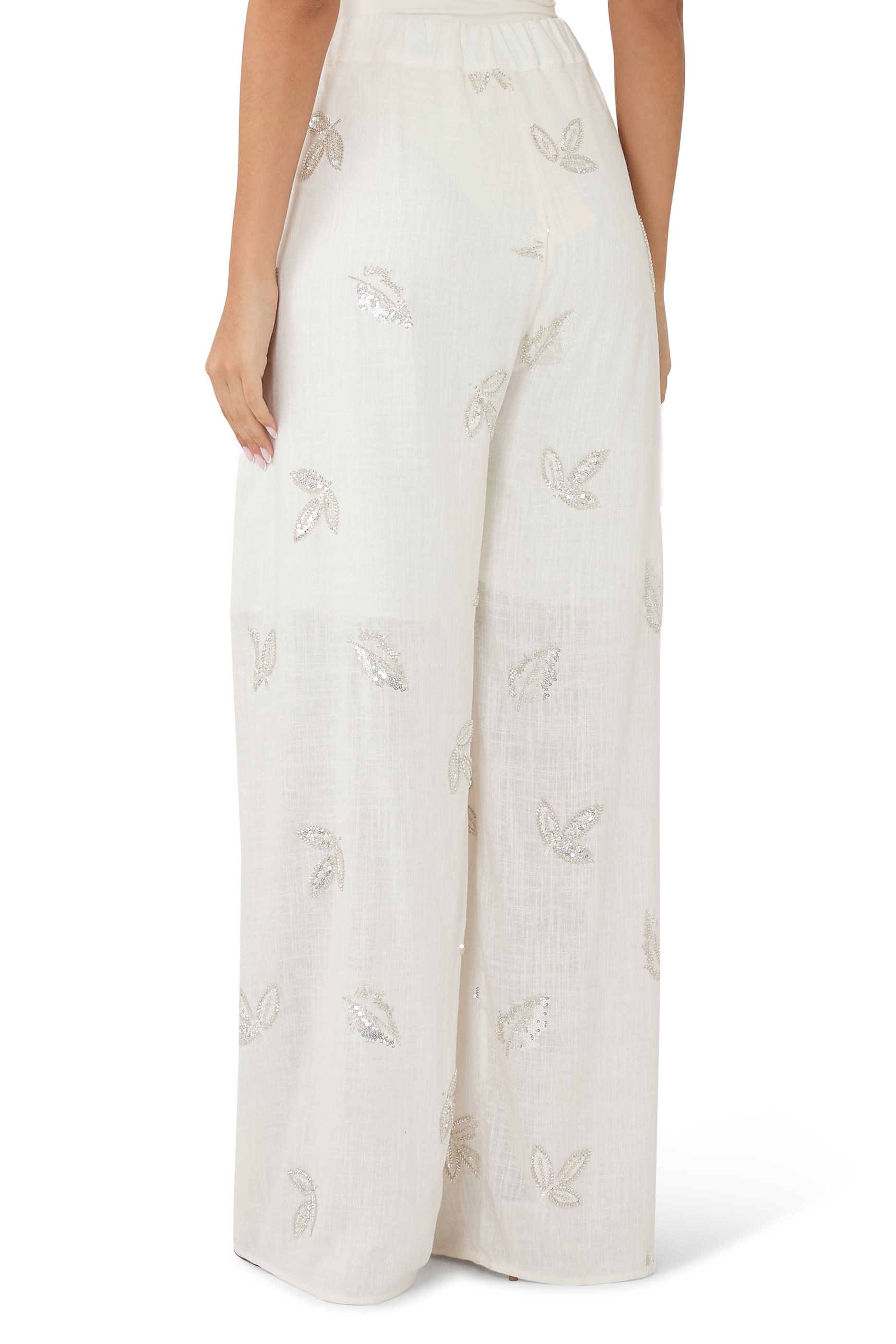 Embroidered Sequins Loose Linen Pajama Pants