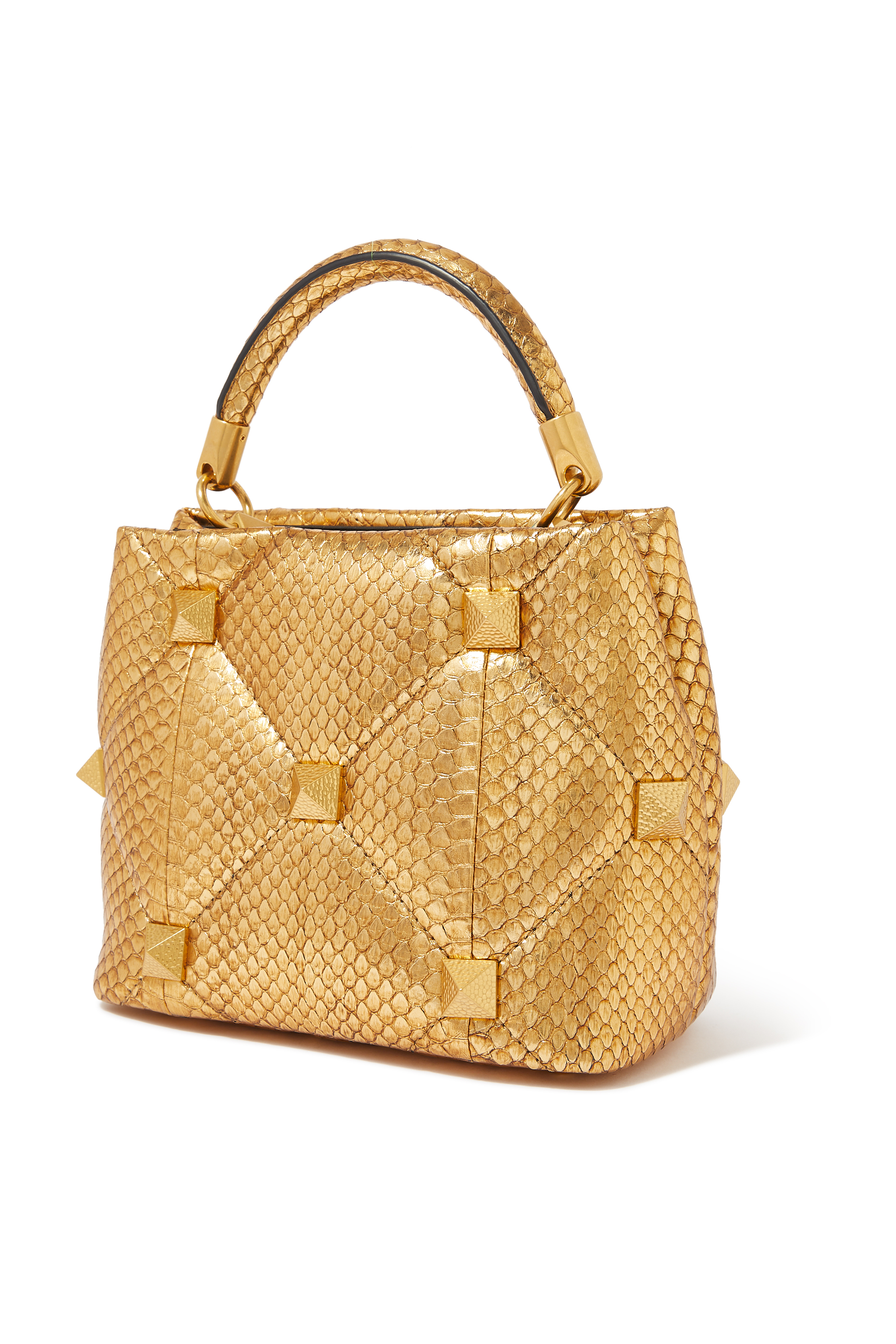 Valentino Garavani Small Roman Stud The Handle Bag In Metallic Snakeskin
