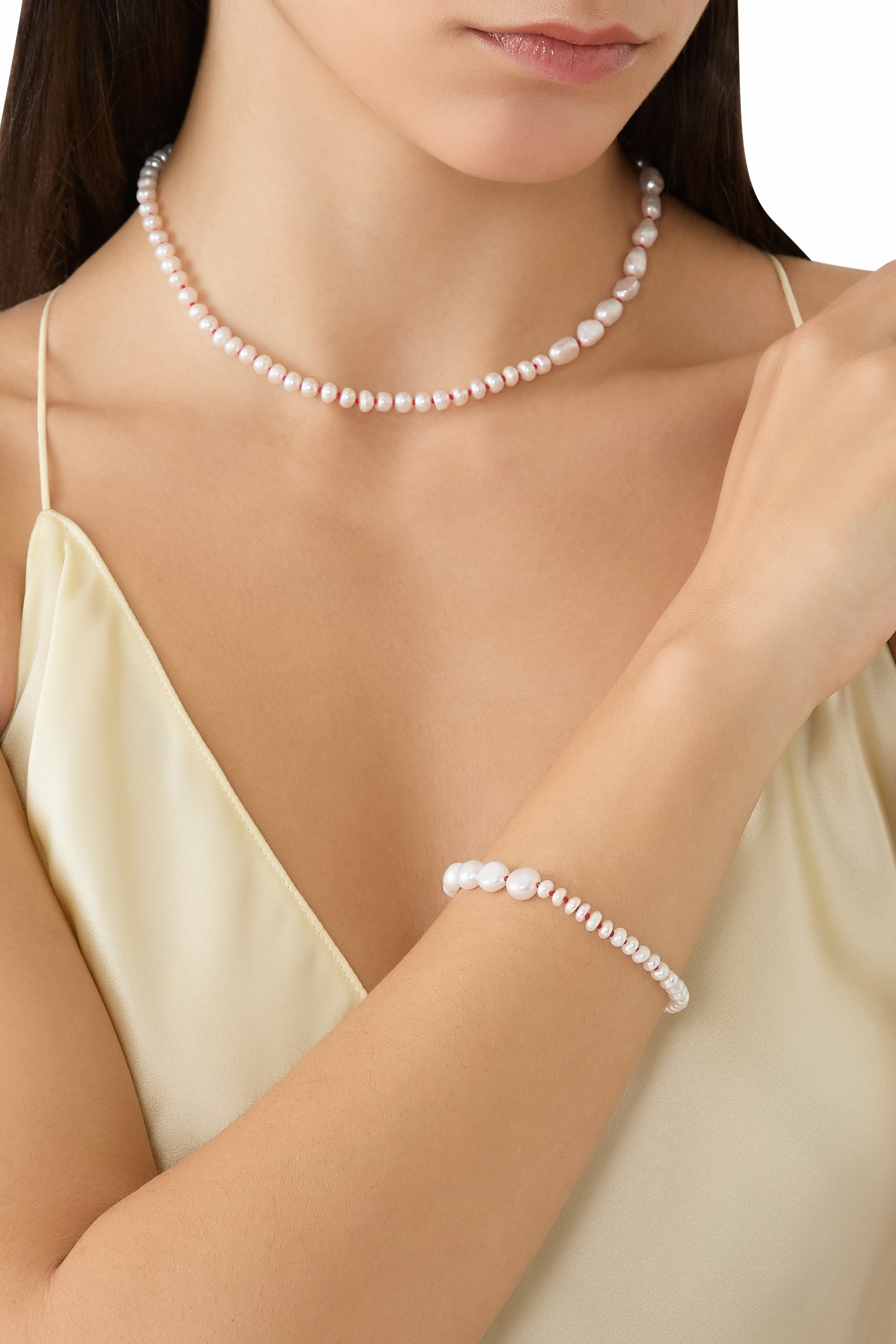 The Mira Necklace with Red Cord, Freshwater Pearls