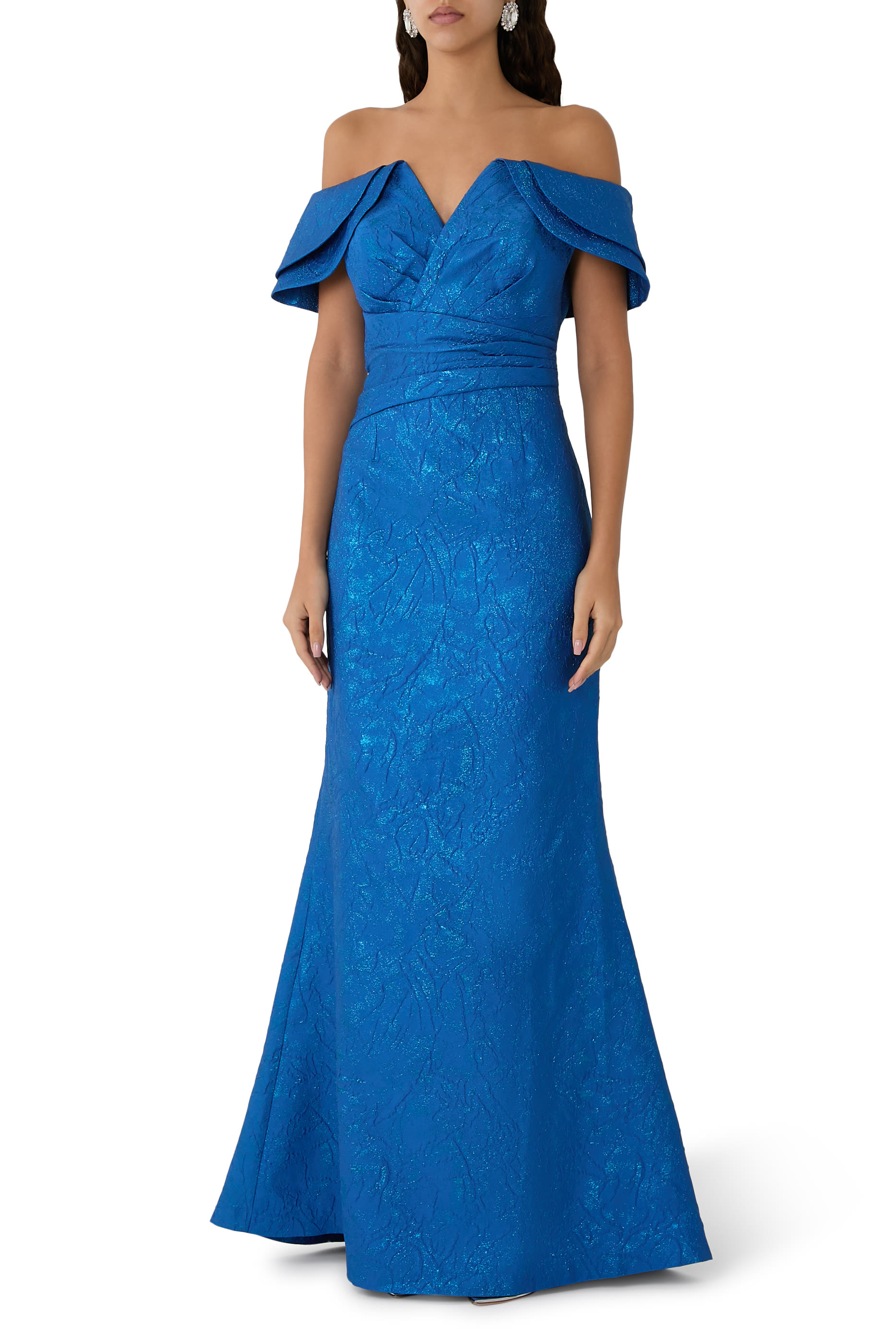 Metallic Jacquard Off-The-Shoulder Portrait Gown