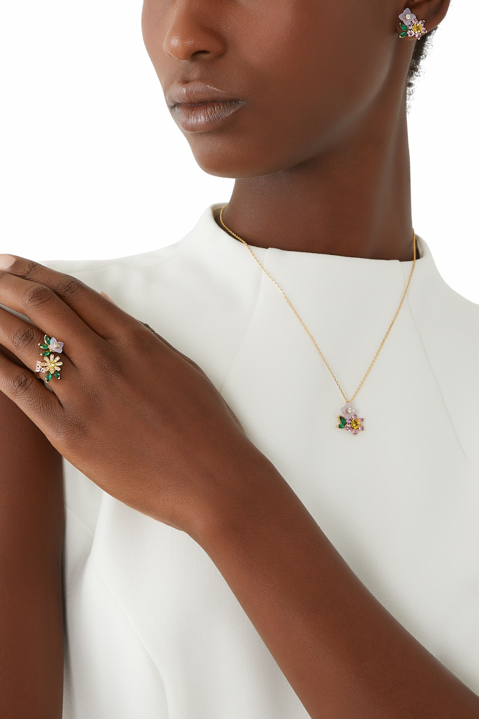 Bursting Blooms Wrap Ring, Brass & Cubic Zirconia, Czech Glass Stone, Resin