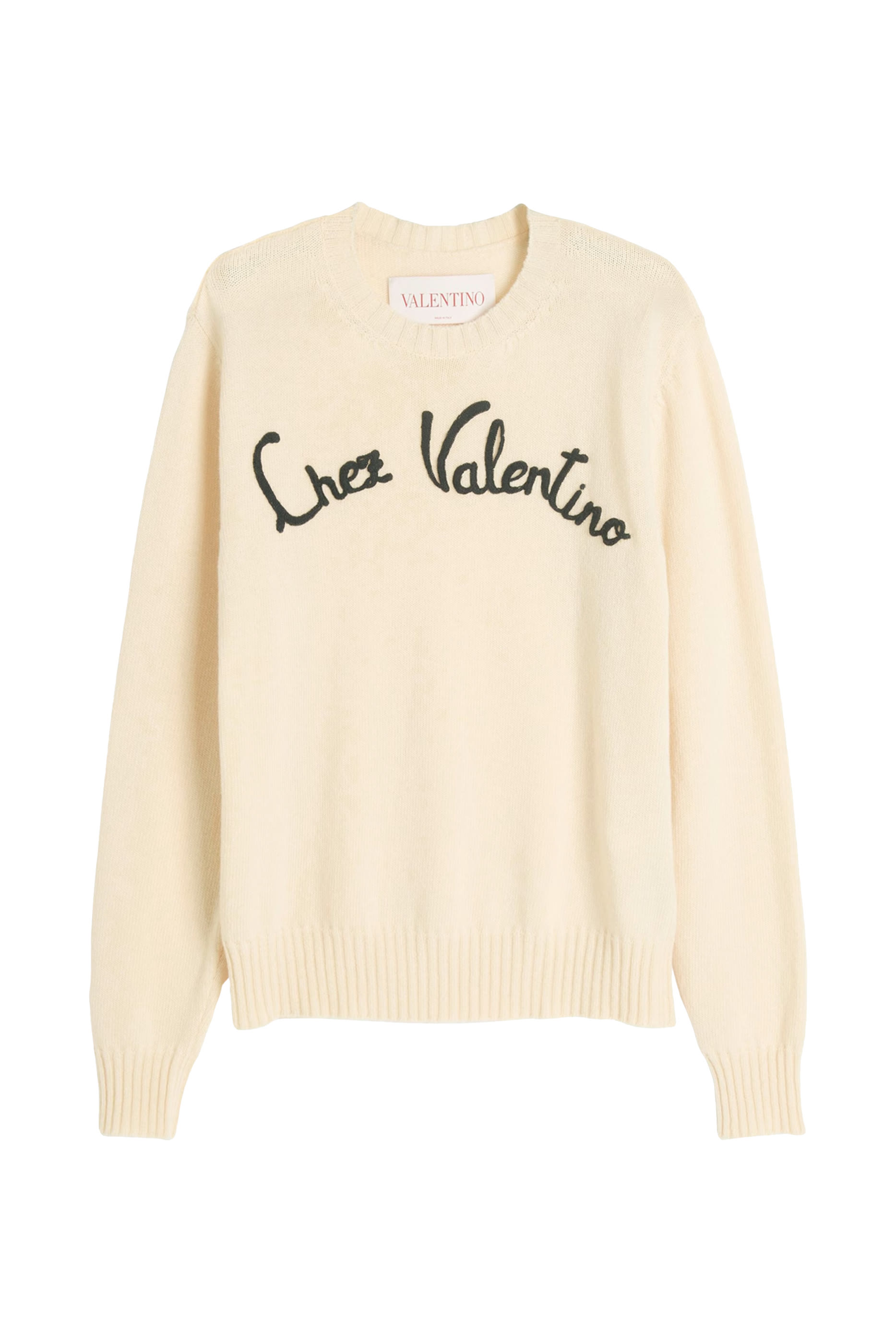 Wool Crewneck Sweater with Chez Valentino Embroidery