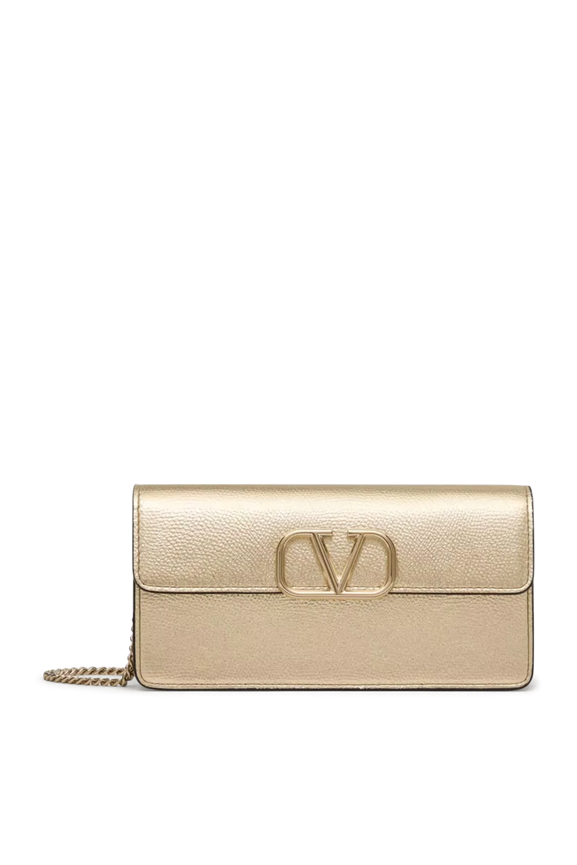 VLogo Signature Metallic Grainy Calfskin Wallet With Chain