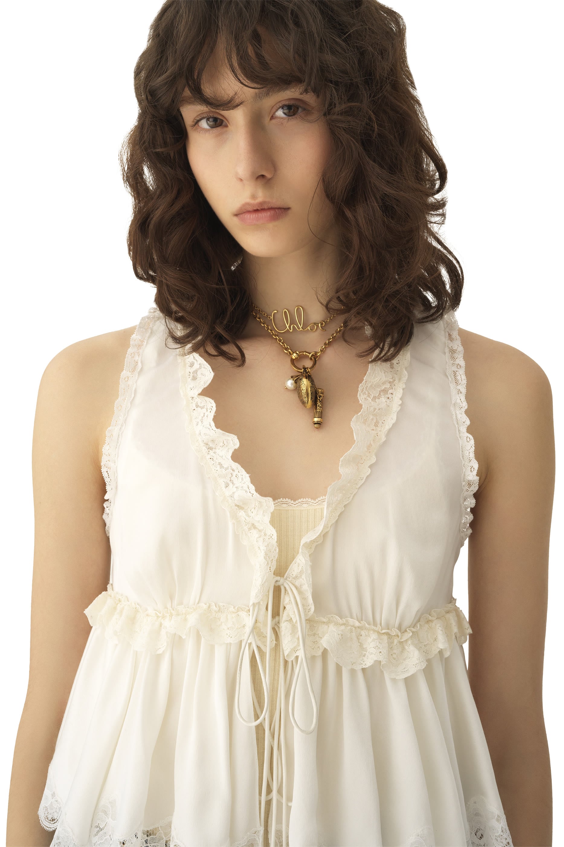  Tie-Front Sleeveless Top in Washed Silk Satin & Lace