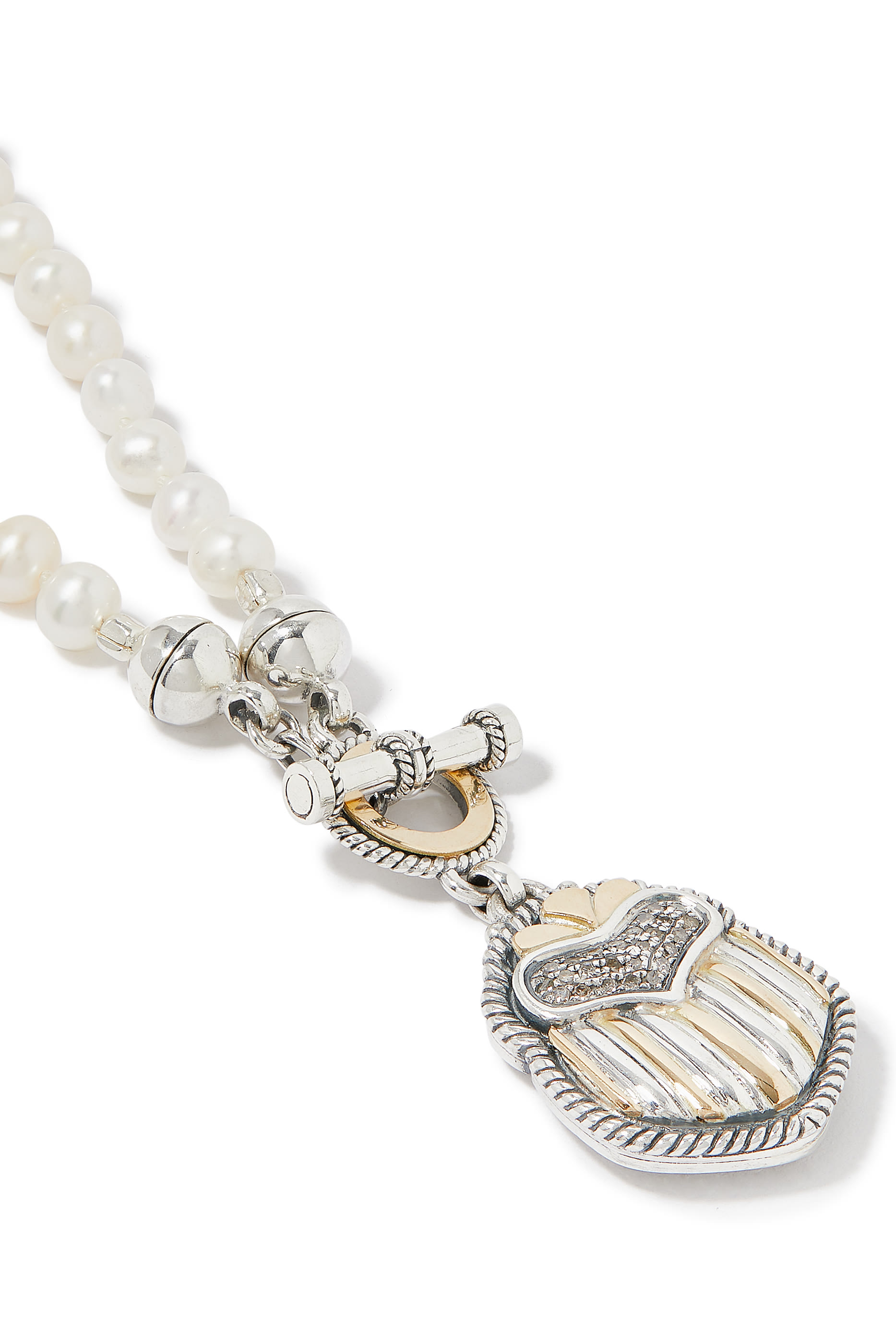 Beaded Scarab Necklace, 18k Gold with Sterling Silver, Pearl & Diamond