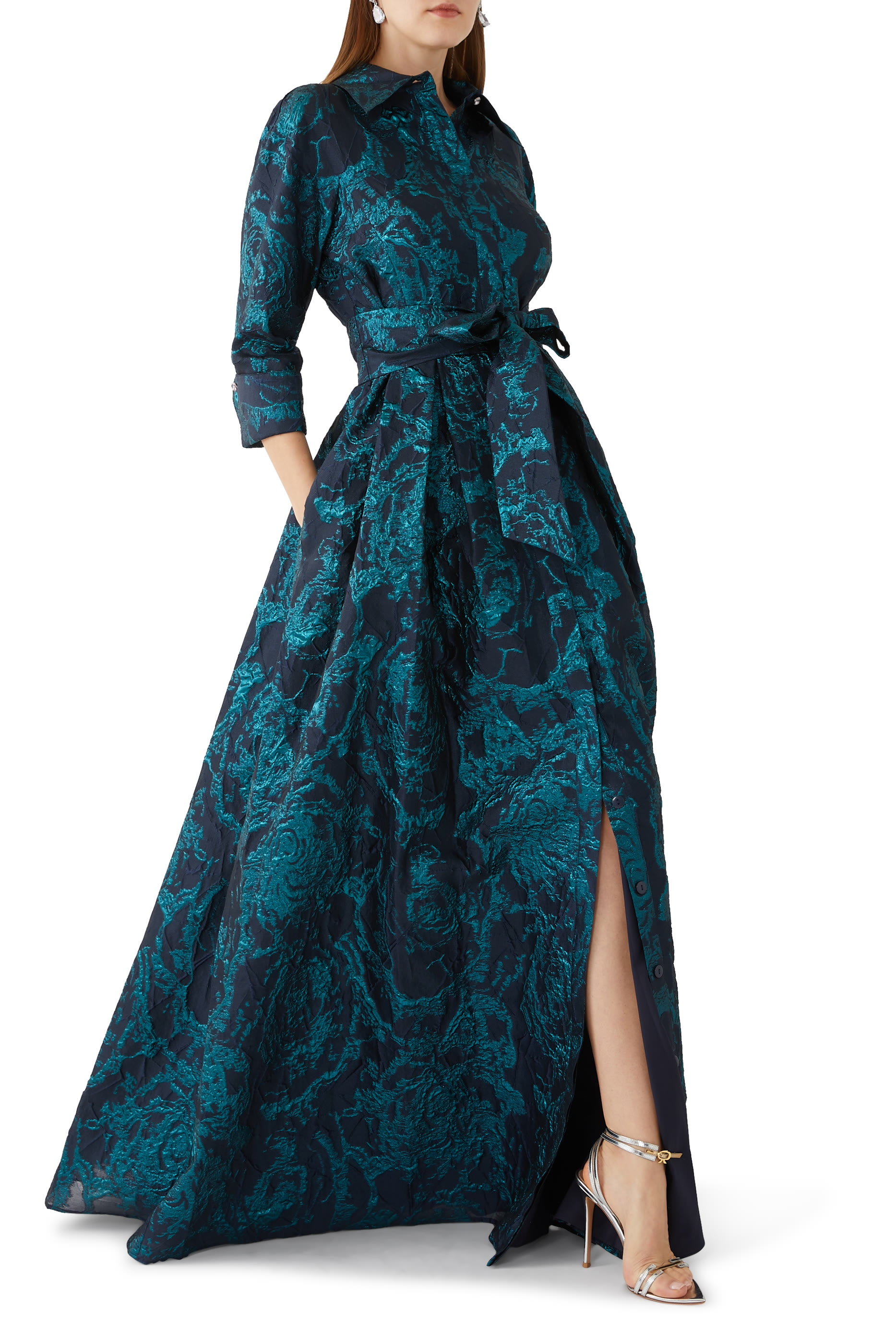 Metallic Jacquard Abstract Print Shirtdress