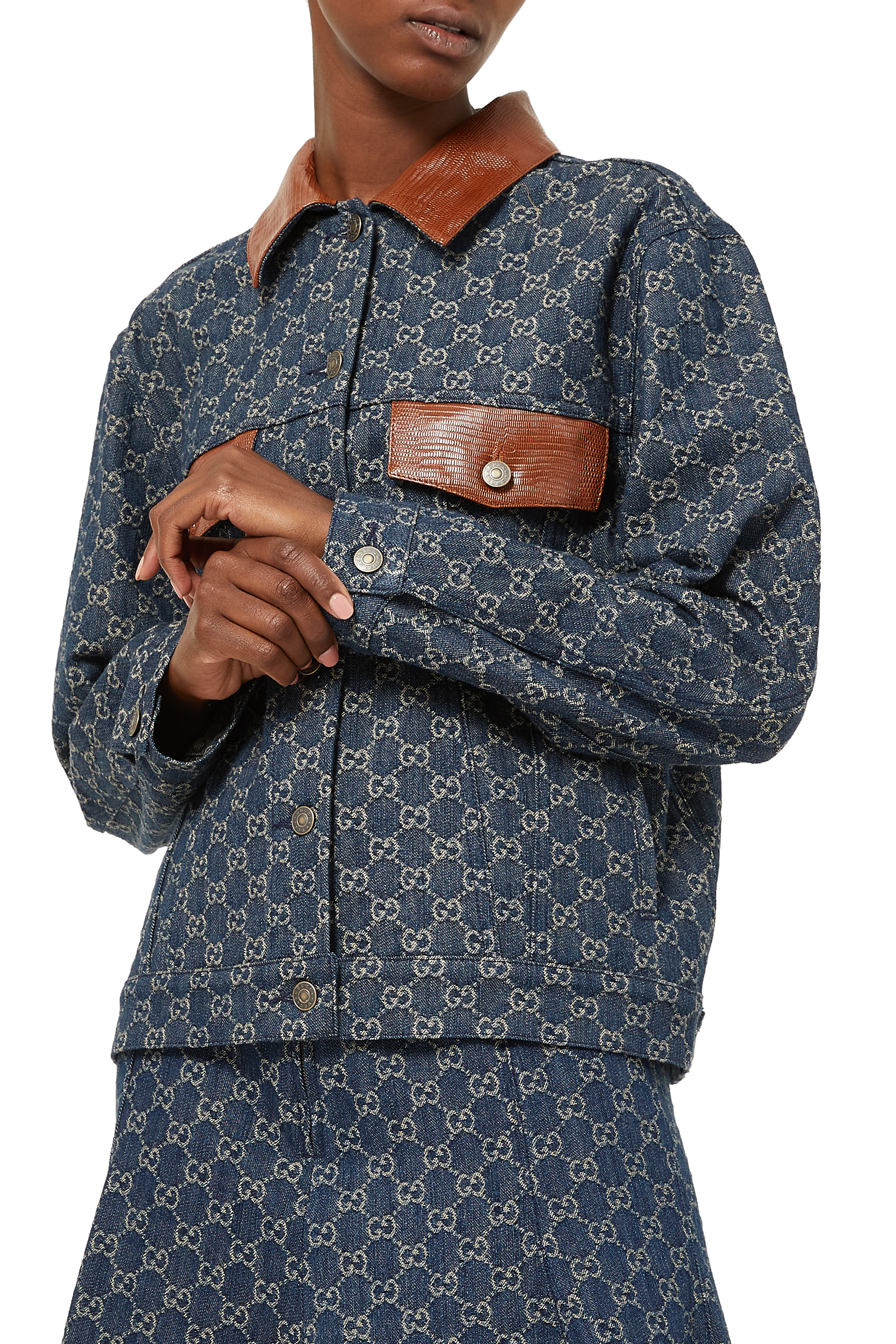 Lizard-effect Leather-Trimmed Denim Jacquard Jacket