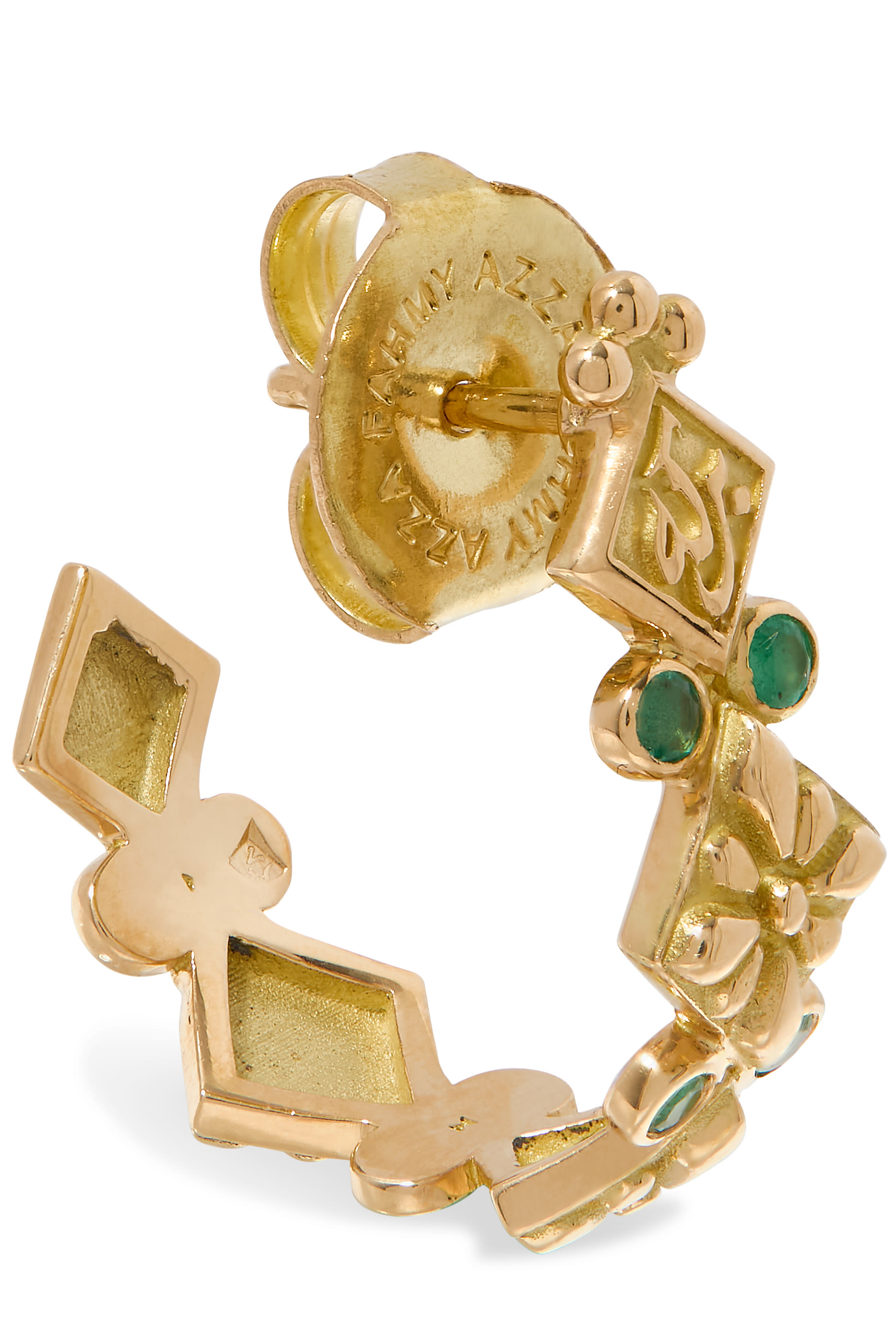 Calligraphy Prosperity and Blessing Hoop Earrings, 18k Yellow Gold & Diamond, Emerald