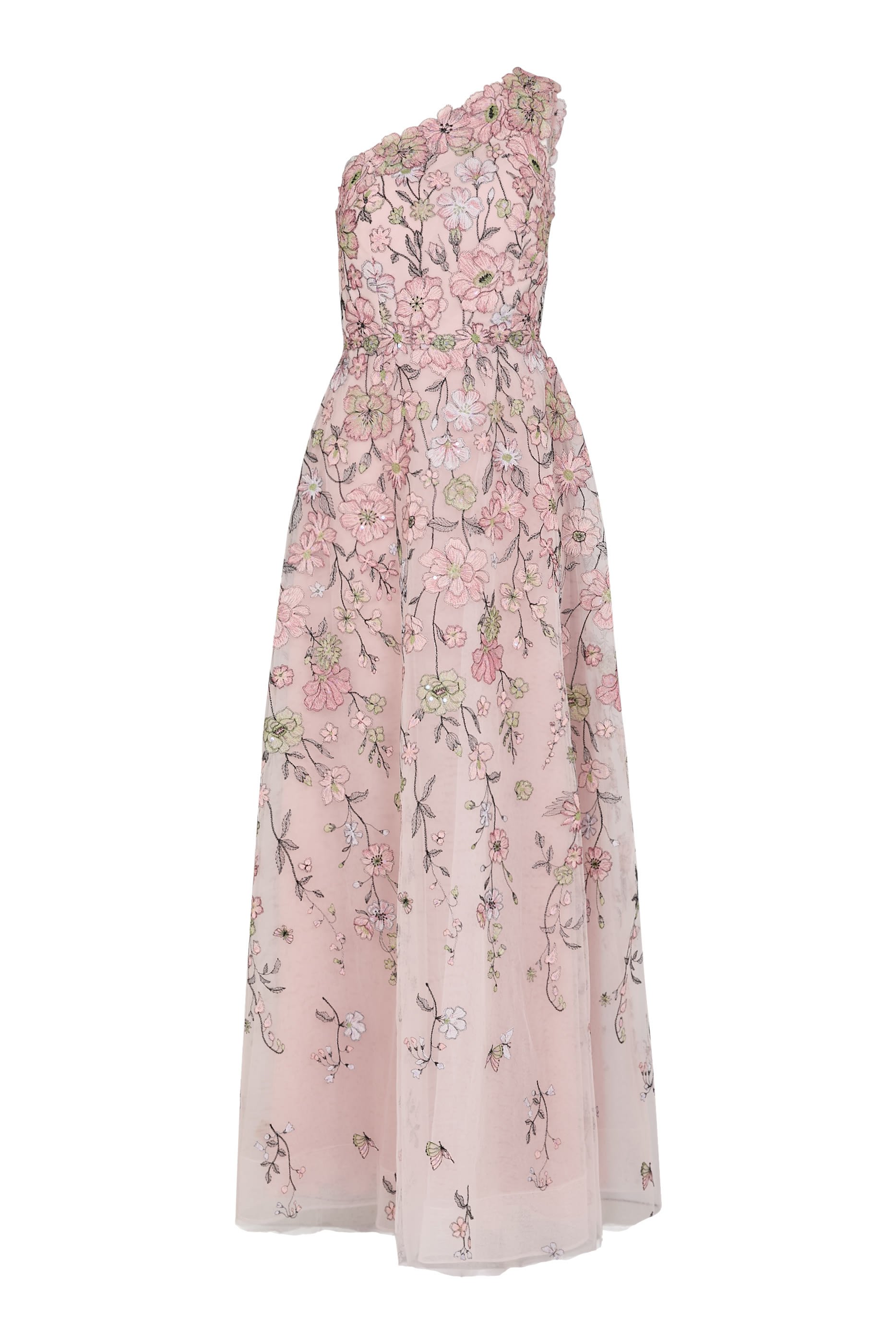 Floral Embroidered Tulle One-Shoulder Gown