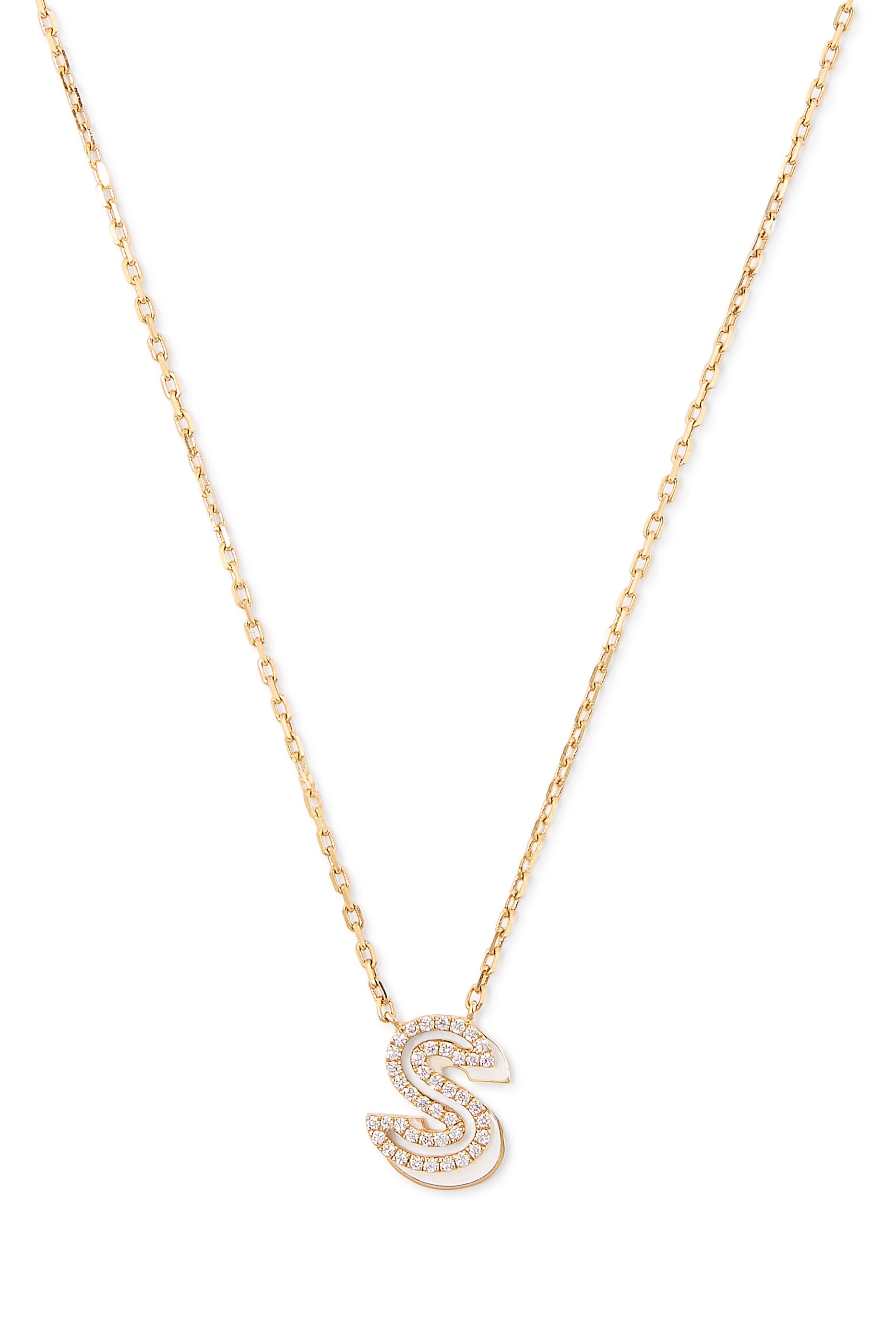 Letter &lsquo;S&rsquo; Mini Necklace, 18k Yellow Gold & Enamel, Diamonds
