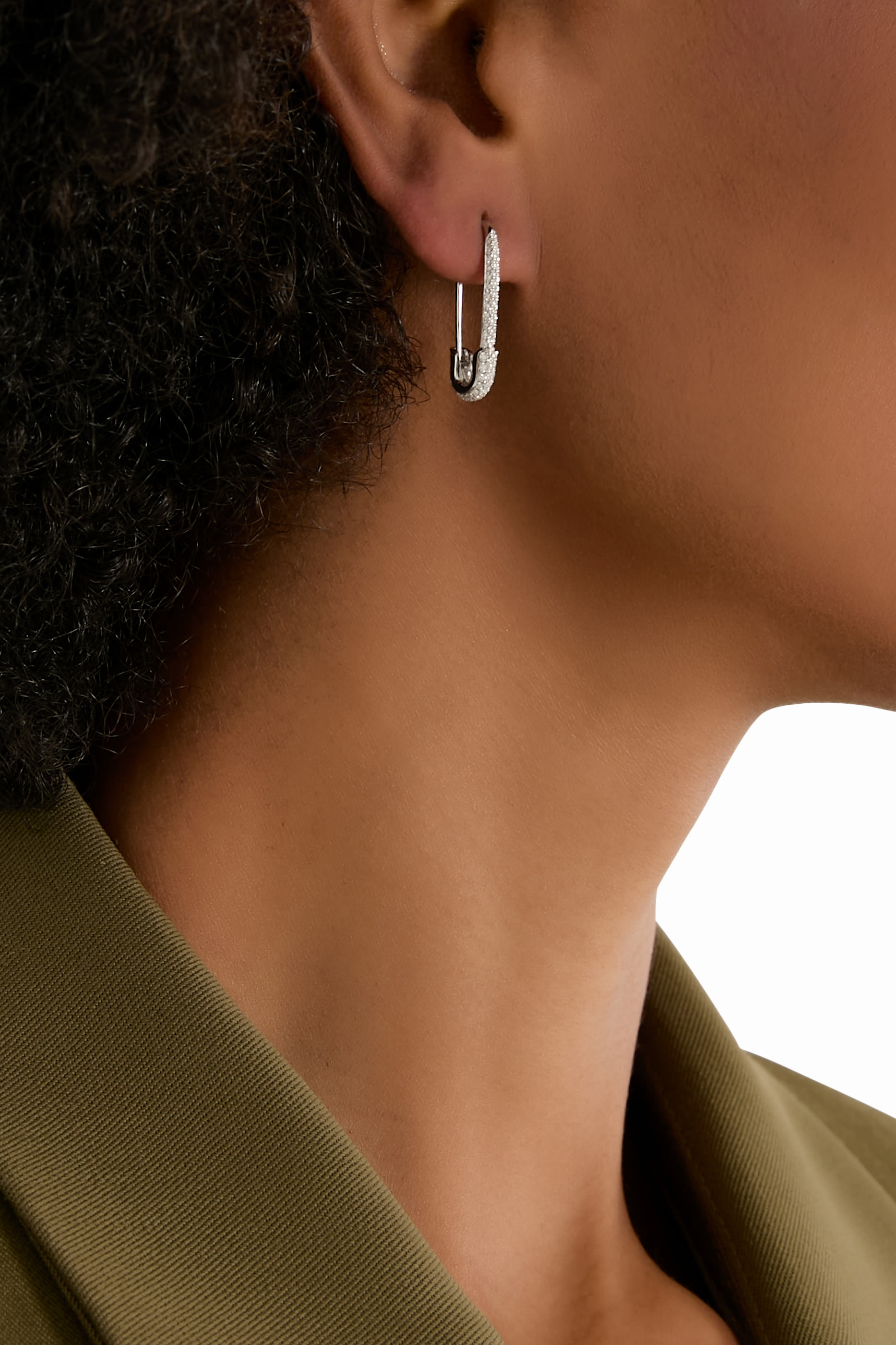 Diamond Safety Pin Earring Left, 18k White Gold & Diamonds