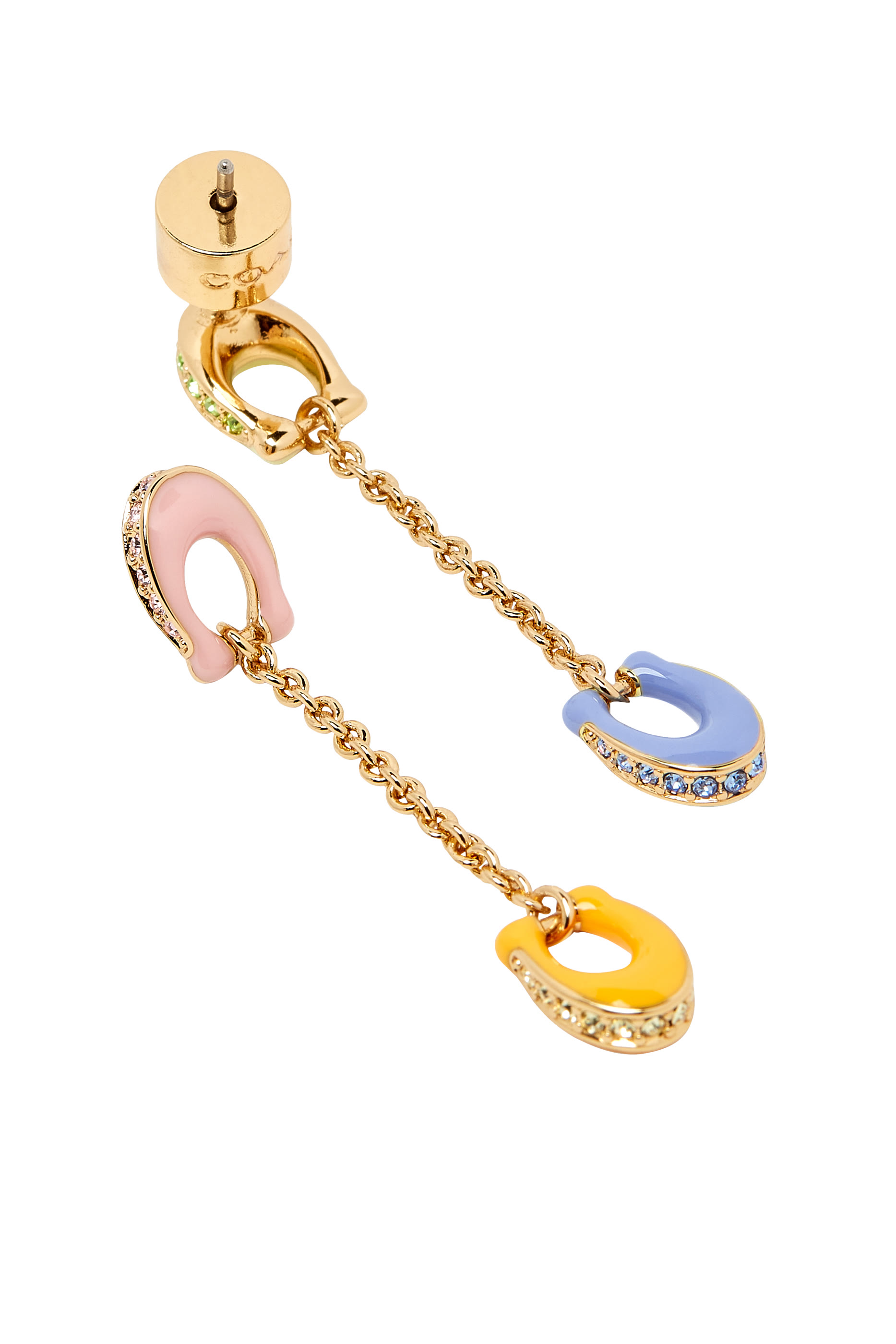 Signature Pave C Mismatch Linear Earrings, Brass, Titanium & Glass Crystal, Enamel