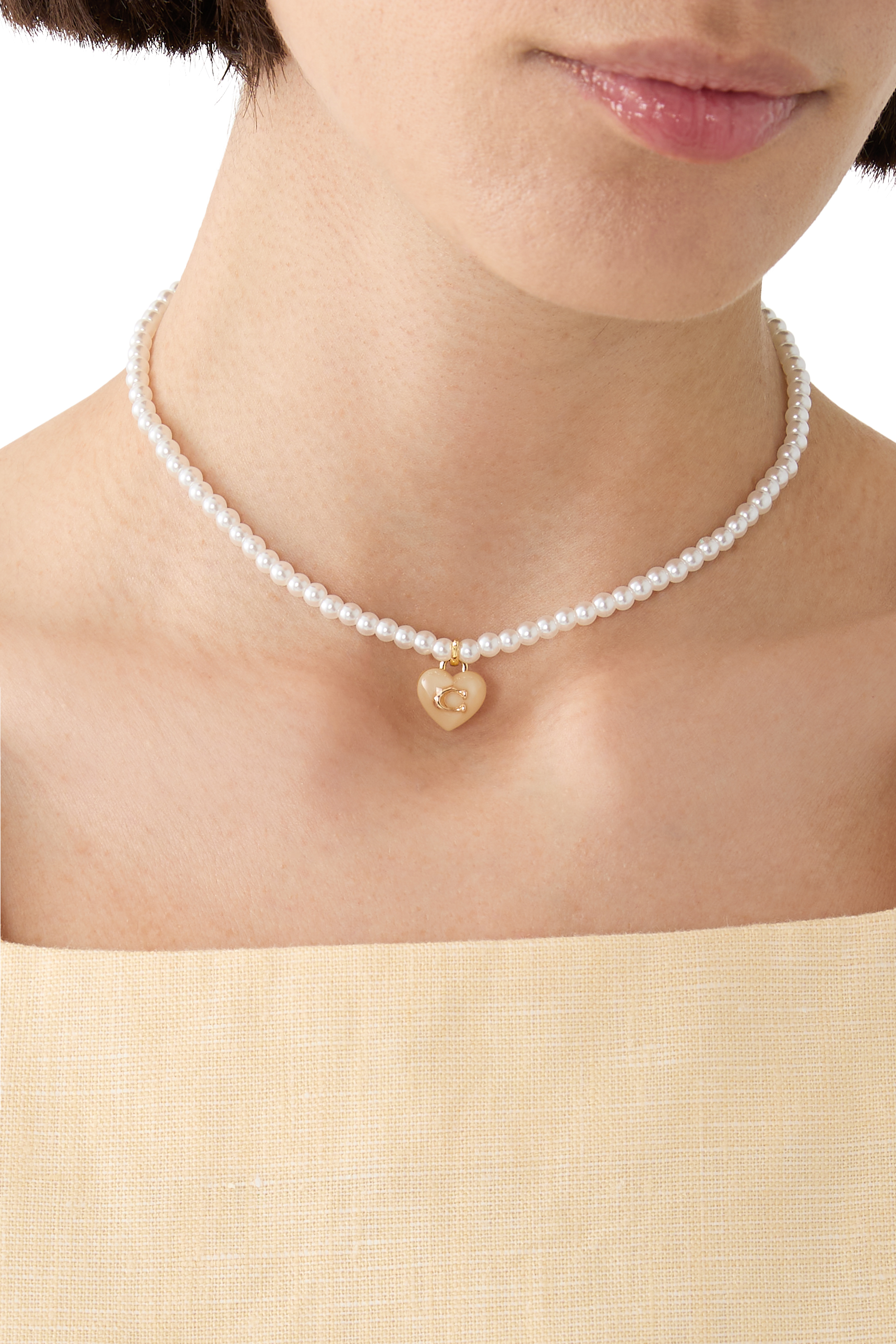 Heart Pearl Choker Necklace, Plated Brass, Glass & Cubic Zirconia, Resin