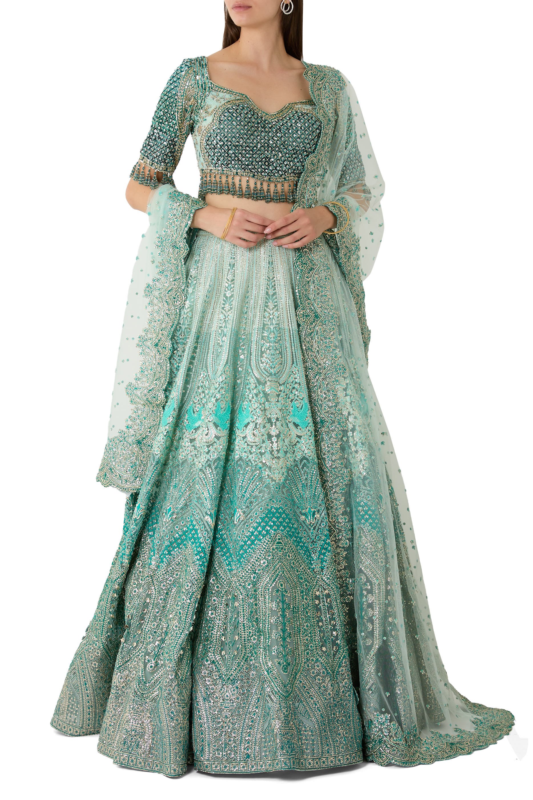 Sea Green Ombre Lehenga Set with Crystal & Sequin Blouse