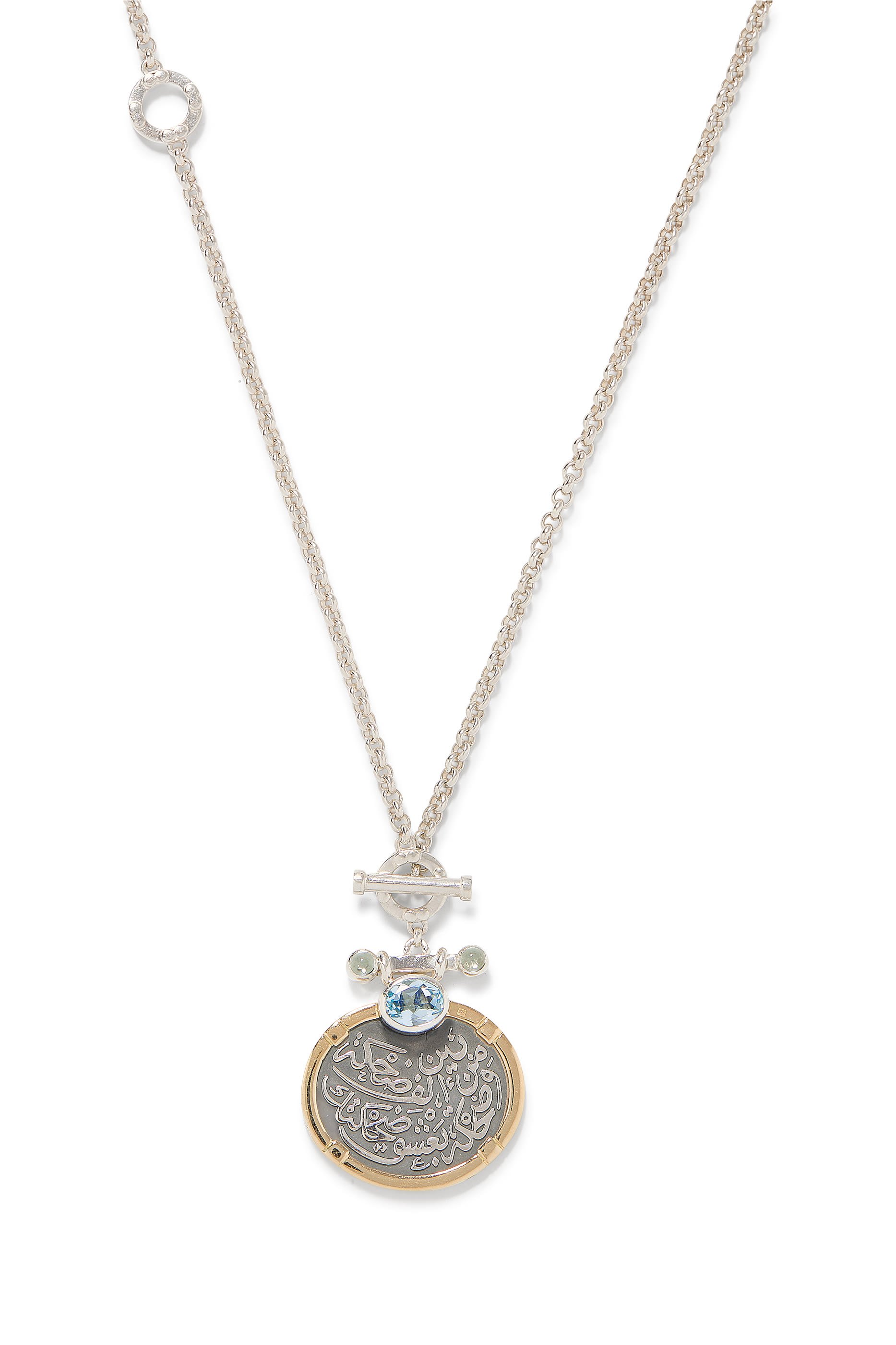 Coin Calligraphy Long Necklace, 18k Yellow Gold, Sterling Silver & Topaz