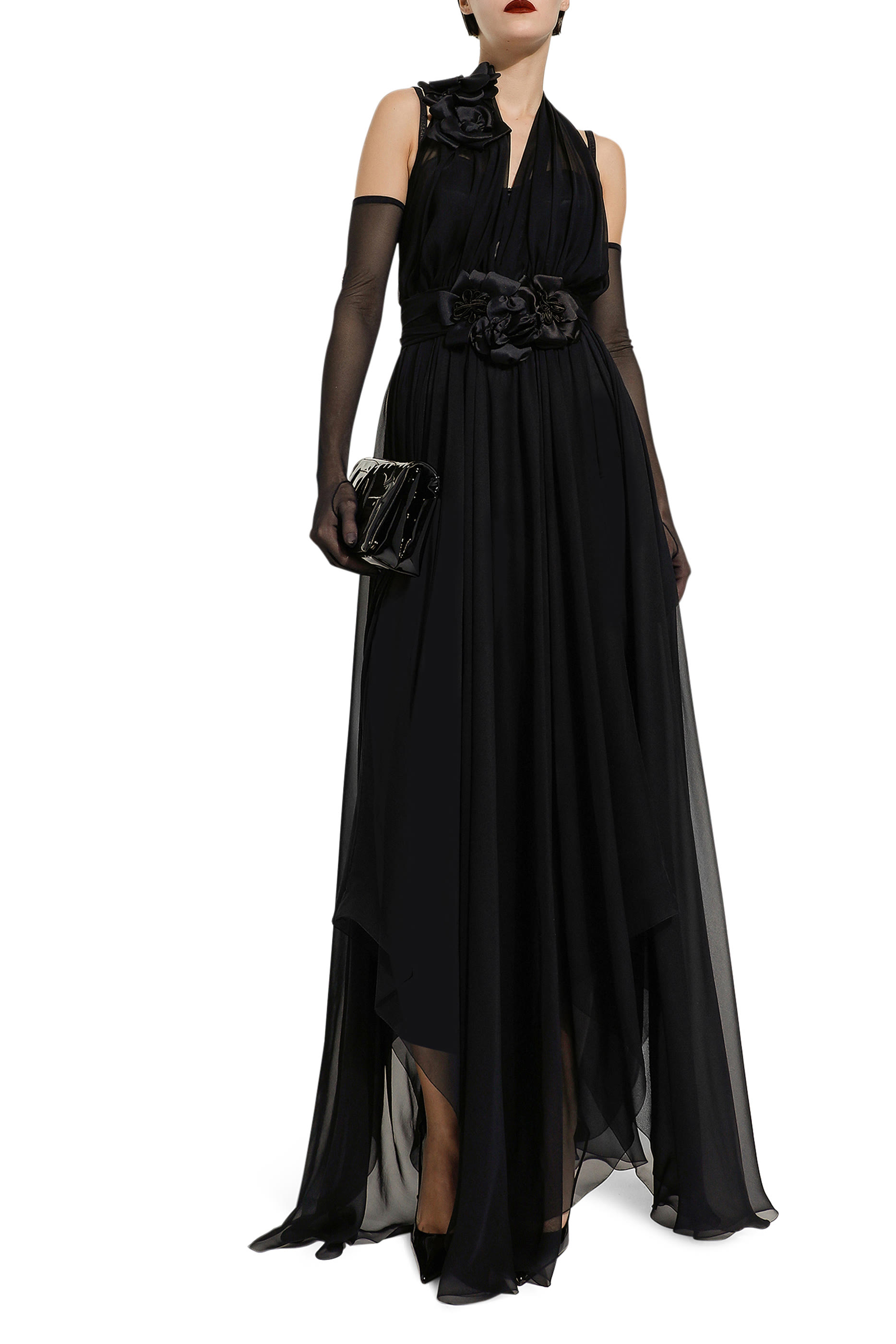 Silk Chiffon Dress with Floral Appliqué
