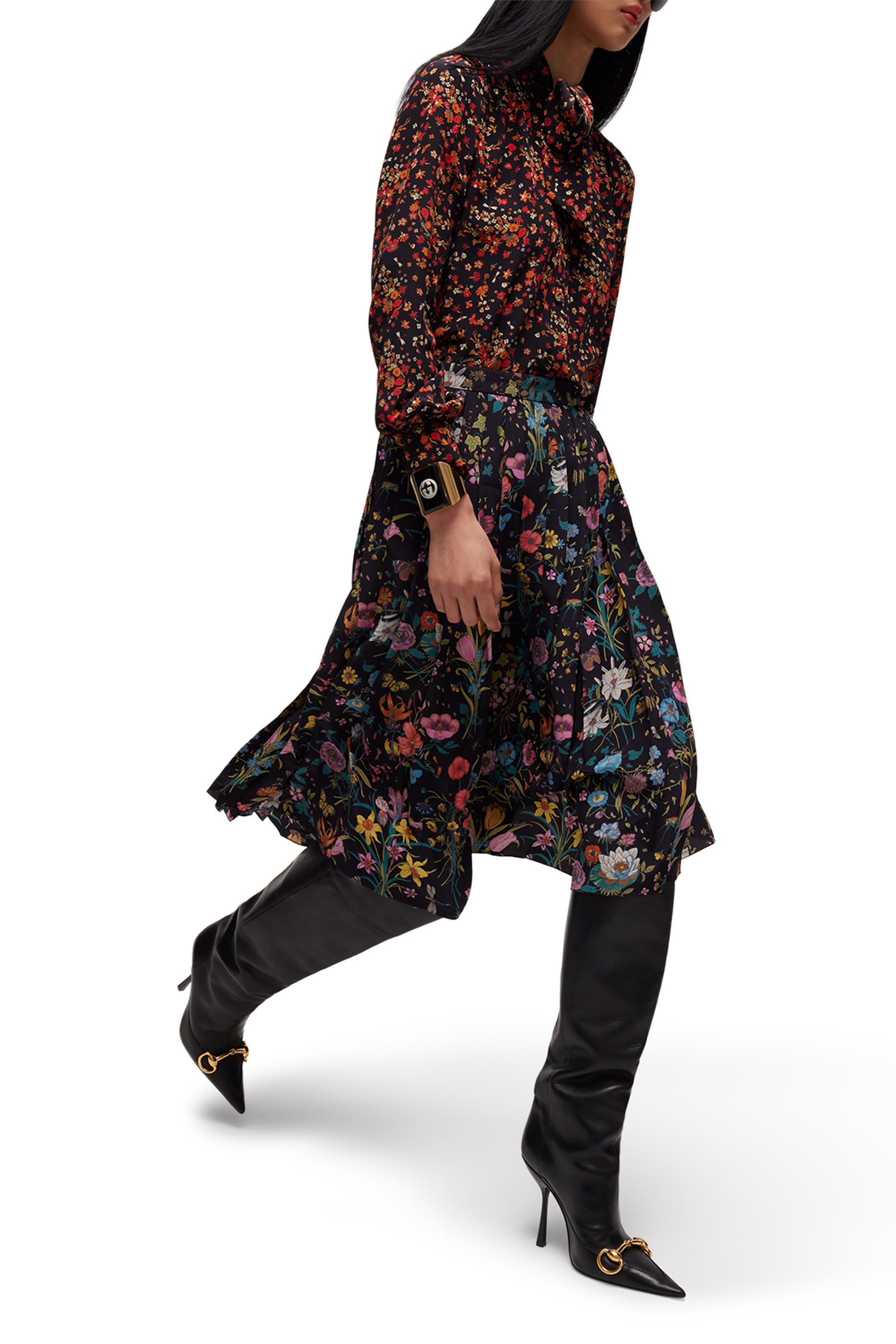 All-Over Flora Print Midi Skirt