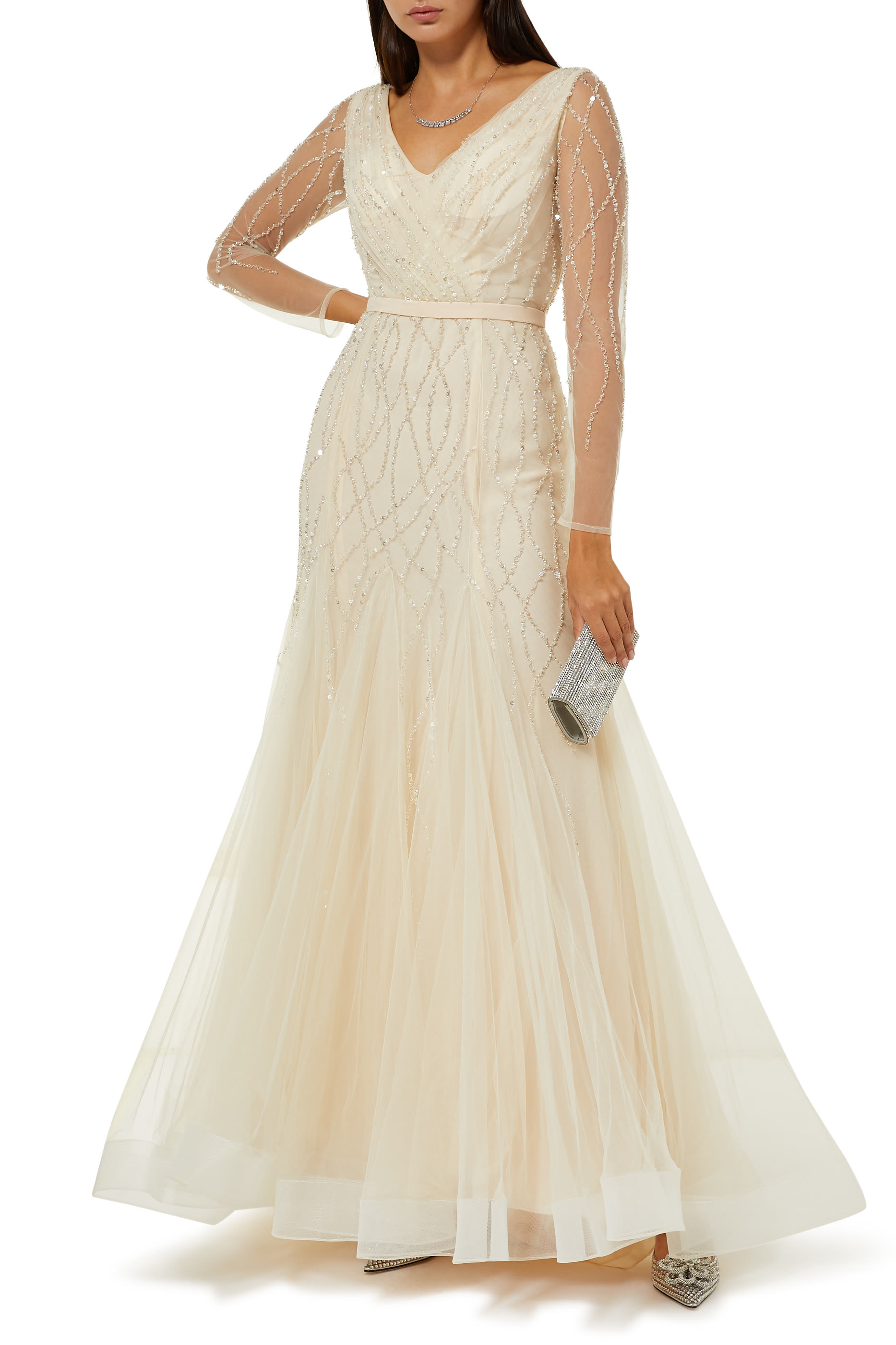 Long Sleeve Embellished Gown