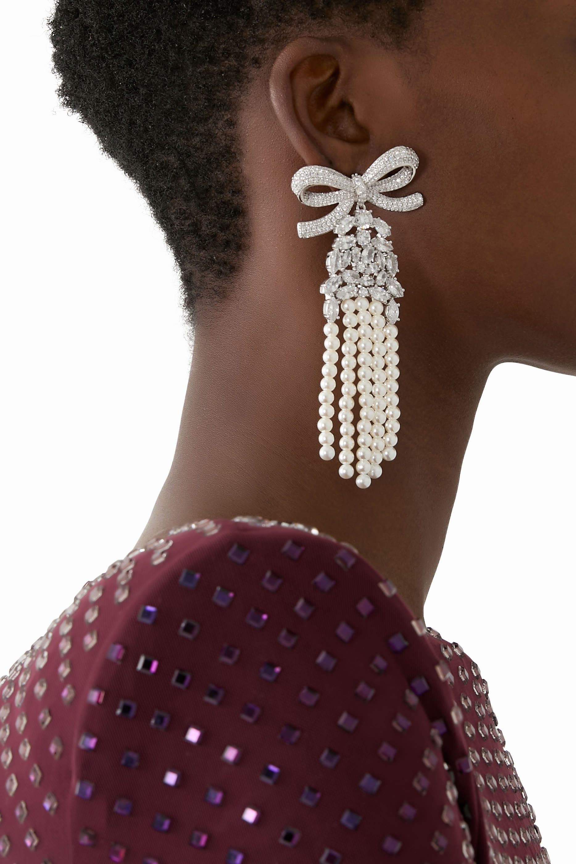 Crystal Bow Pearl Droplet Earrings