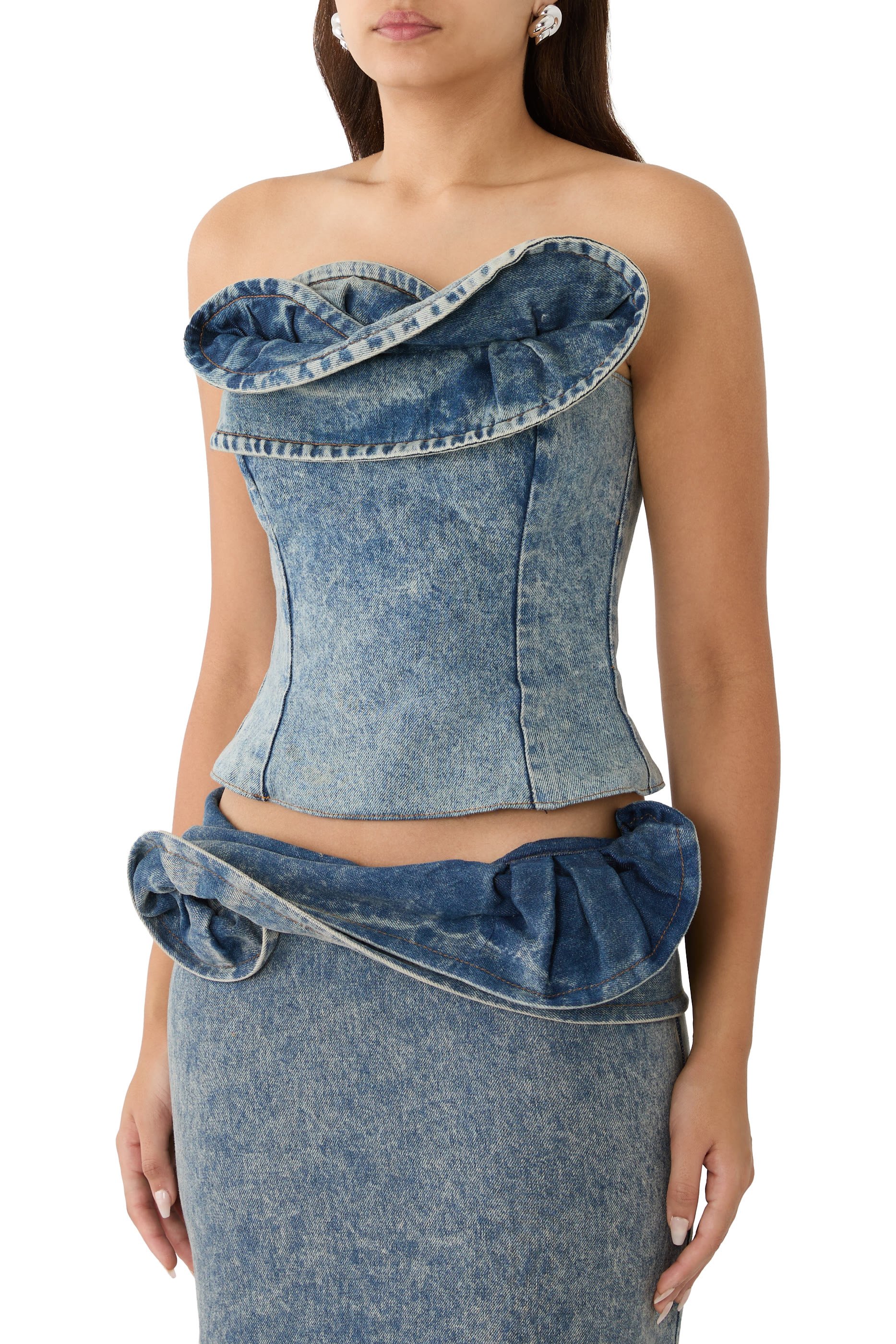 Denim Corset with Sculptural Neckline 